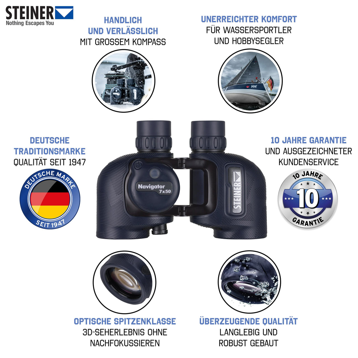 STEINER Prismáticos Marinos Navigator 7x50c - Brújula estabilizada HD, óptica de Calidad Alemana, Puente Abierto, 5m Impermeable, la Primera opción para los entusiastas de los Deportes acuáticos