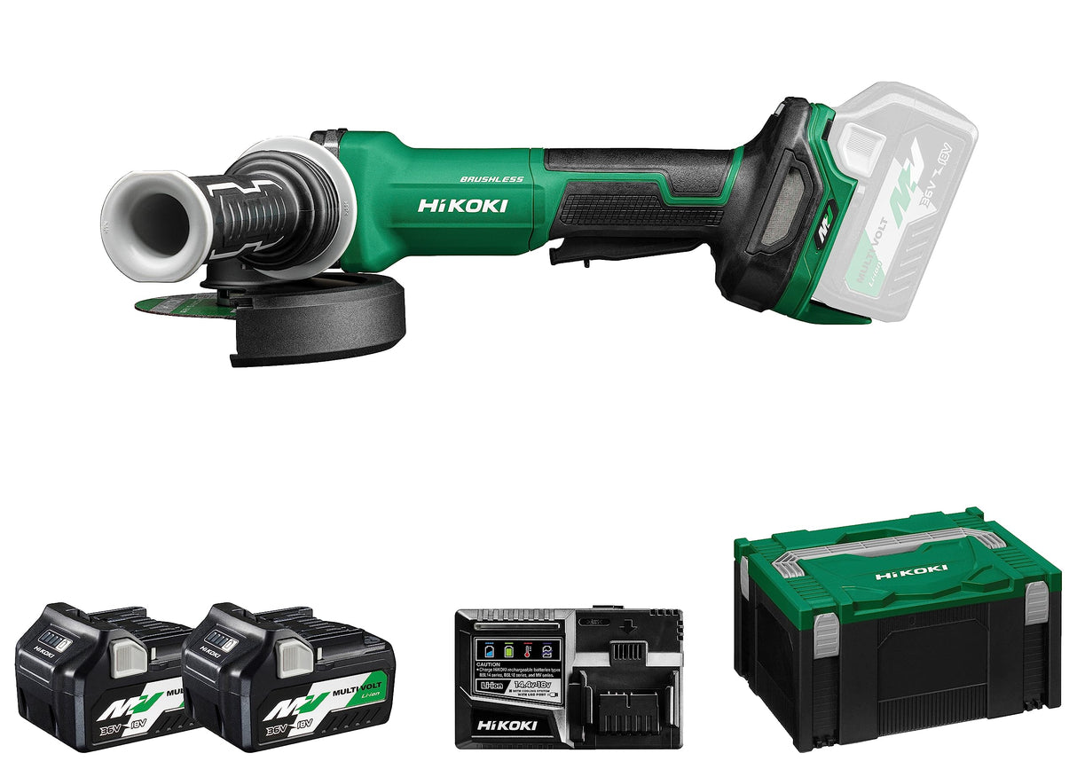 HIKOKI Akku Winkelschleifer G3613DVF, Schleifscheiben Ø: 125 mm (36V, 2,5 Ah Li-ion, Leerlaufdrehzahl: 3200-10000 min-1/ mit (AT Modus), Antriebsspindel: M14, Brushless) Zubehör im HSCIII Koffer.