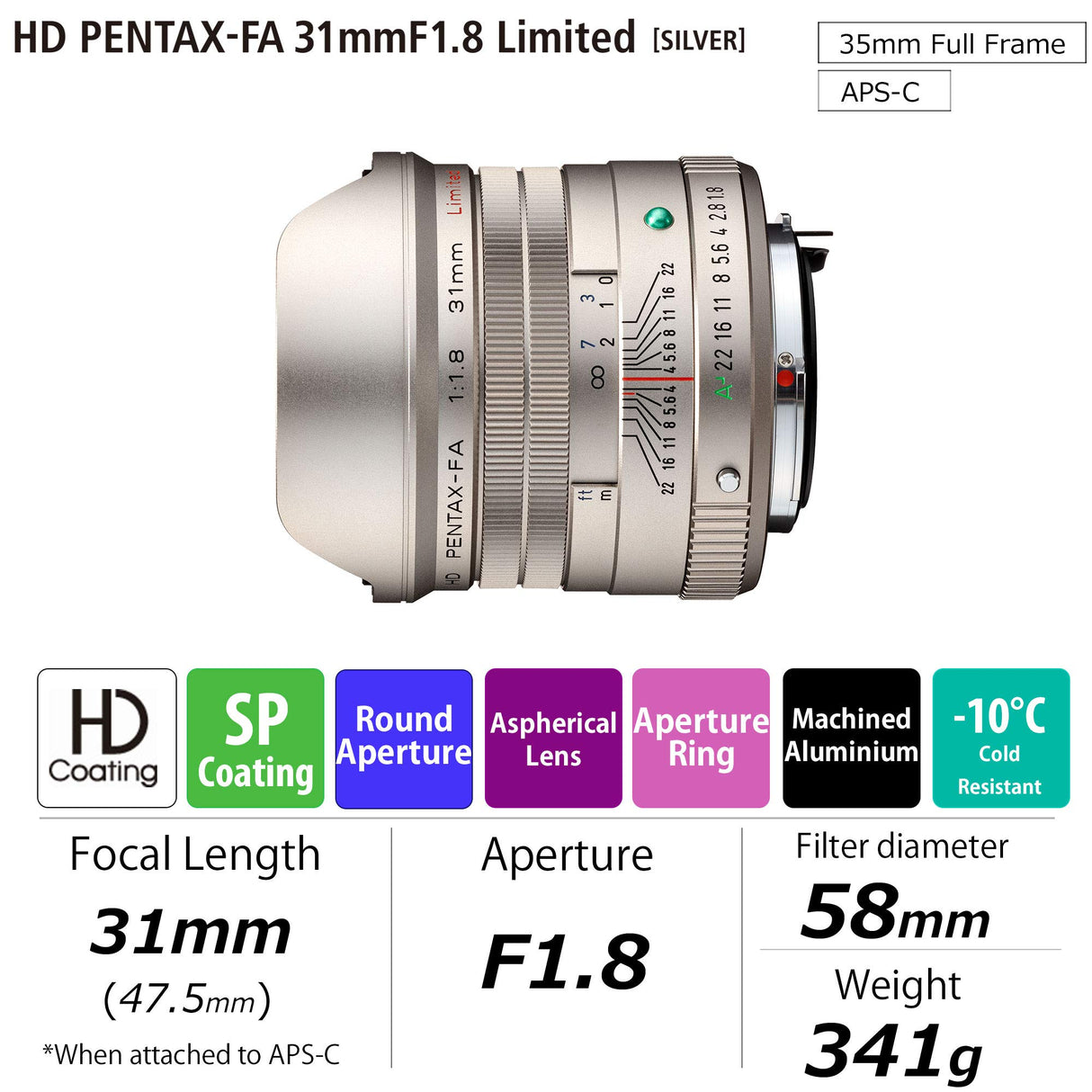 Pentax PENTAX-FA 31mmF1.8 Limited Silver - Objetivo Gran Angular con Revestimiento HD de Alto Rendimiento para el Sistema Pentax K con Sensor de Formato Completo de 35 mm