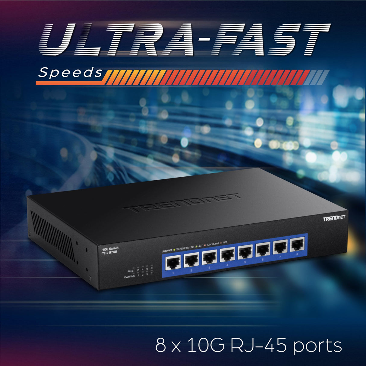 TRENDnet Interruptor de 8 Puertos 10G, 8 Puertos RJ-45 de 10 G, Capacidad de conmutación de 160 Gbps, Montaje en Rack de 10 Conexiones de Red Gigabit, protección de por Vida, Negro, TEG-S708