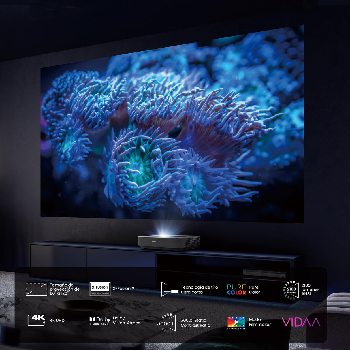 Hisense PL1SE - Laser Cinema PL1SE 4K 2023 - Proyector Smart TV 4K Tiro Ultracorto 80-120", Fuente láser, 2100 Lumens ANSI, Contraste 3000:1 Nativo, Dolby Vision-Atmos, Airplay, HDMI 2.1, Alexa