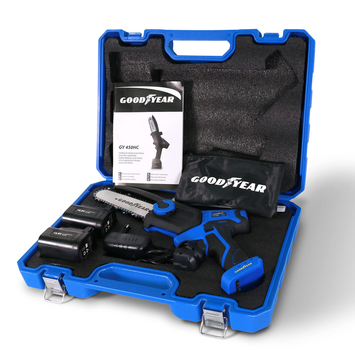 Goodyear - Sierra Podadora Eléctrica 450W con 2 Baterías 16,8V Corte Máximo 150mm Cadena ¼’’ 4000 rpm Velocidad 11 m/s Cargador y Kit de Herramientas Incluidos