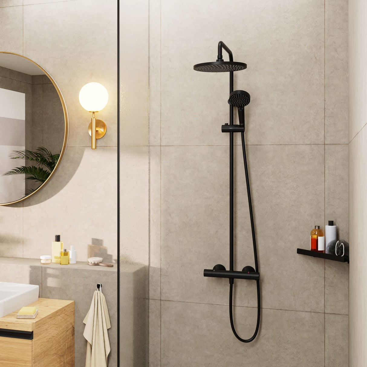hansgrohe Vernis Blend Sistema de ducha con termostato 240 1 tipo de chorro, negro mate, 26426670