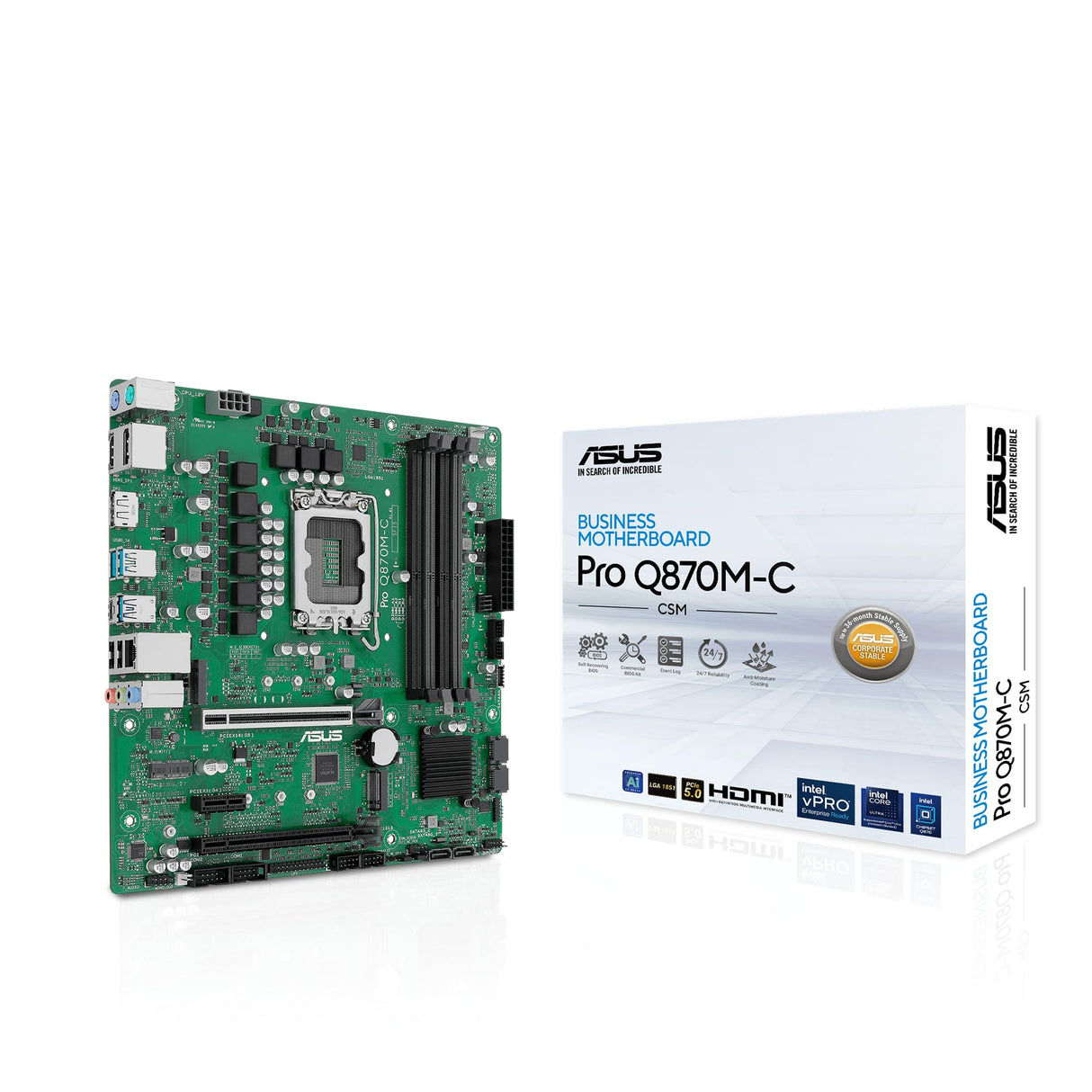 ASUS Pro Q870M-C-CSM Business Mainboard Socket Intel LGA 1851 (Micro-ATX, Intel VPro, Memoria DDR5, PCIe 5.0, Q-LED Core, ASUS Control Center Express, SafeSlot)