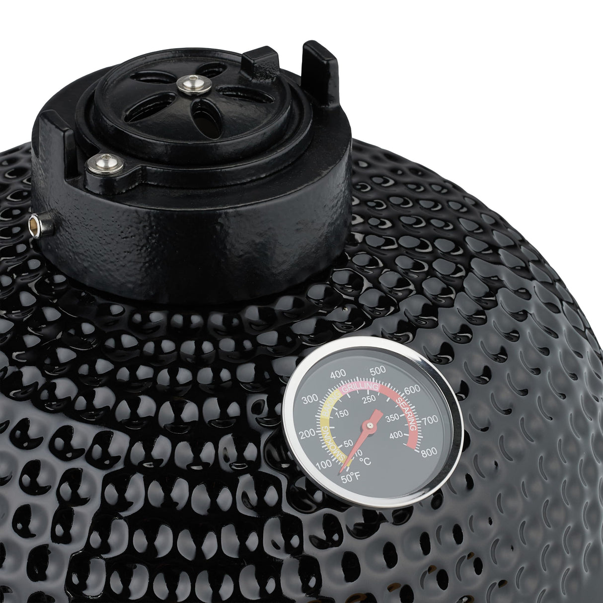 Relaxdays Barbacoa de Carbón Kamado, 26 cm Ø, Parrilla Cerámica con Termómetro hasta 450°C, BBQ, Asar y Cocinar, Negro, Acero Inoxidable, Hierro