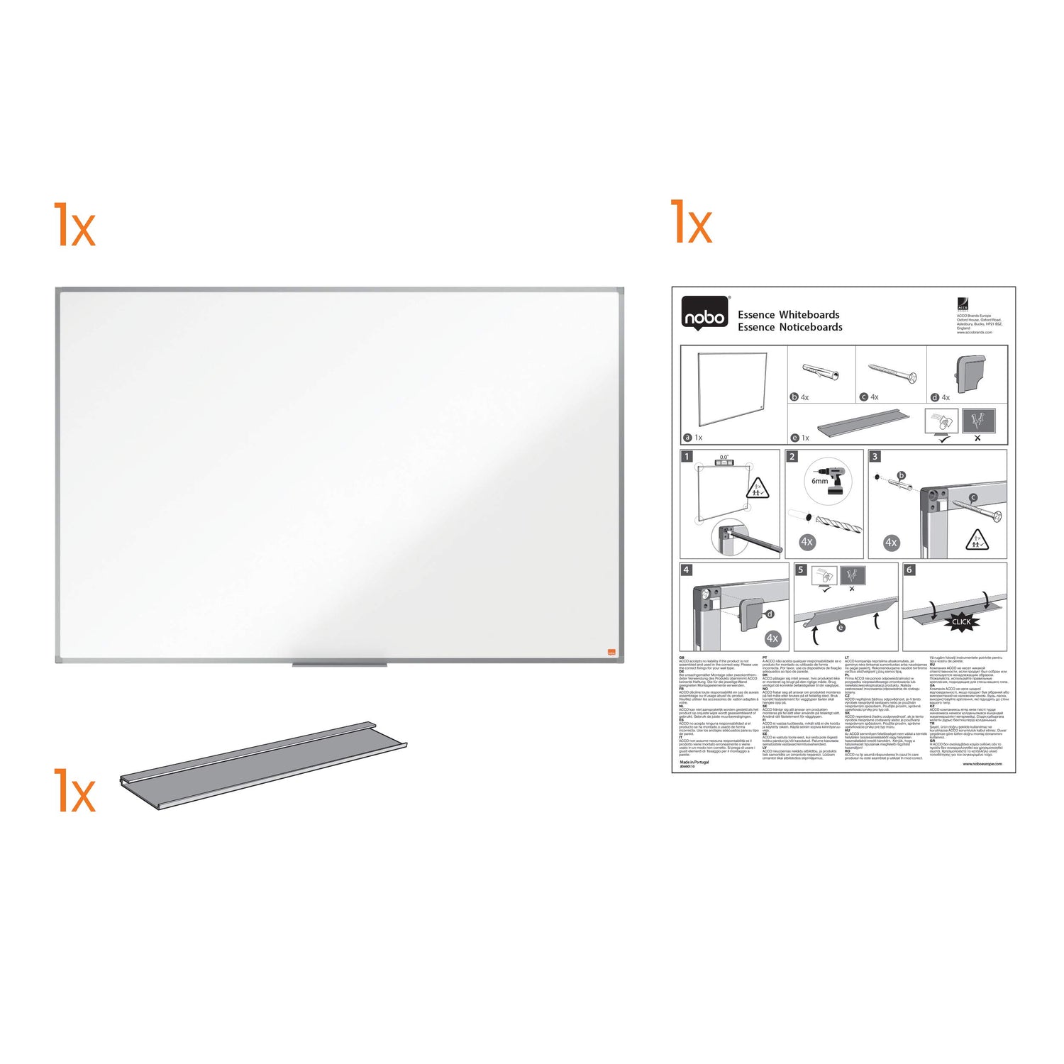Nobo Pizarra Magnética de Acero, 1800 x 1200 mm, Marco de Aluminio, Fijado a la Pared con Montaje en las Esquinas, Bandeja para Rotuladores, Gama Essence, Blanco, 1905213
