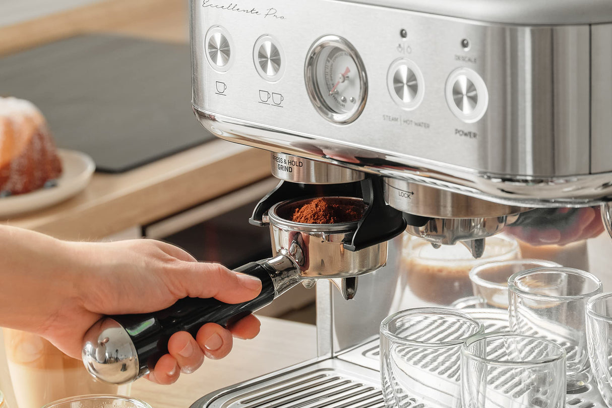 cafetera automatica con molinillo Sencor - cafetera grano con molinillo Barista Express, acero inoxidable cepillado, tanque de agua y café de gran capacidad, boquilla de vapor de cappuccino SES 6010SS