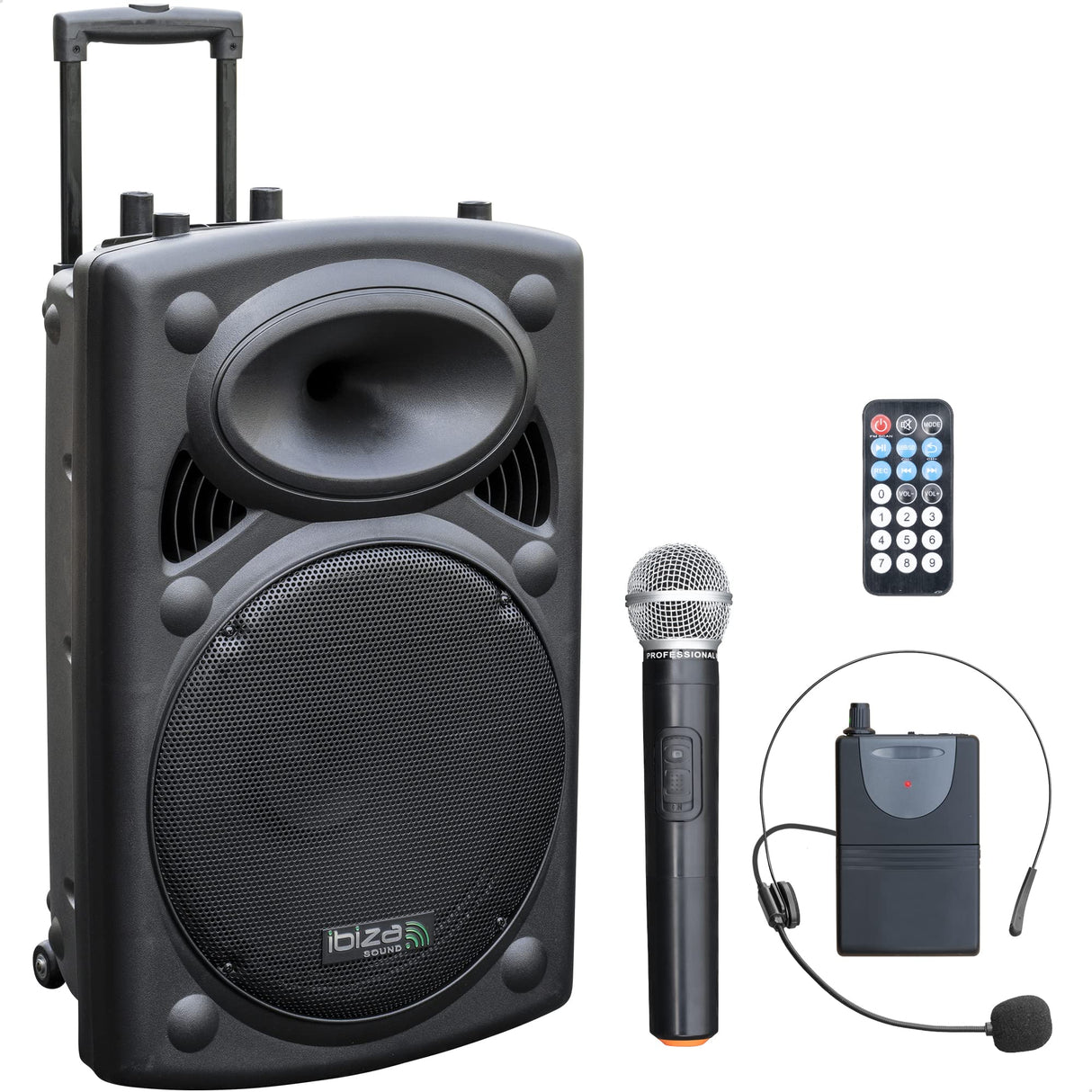 Ibiza - PORT15VHF-BT - Altavoz portátil 15"/800W MAX con 2 micrófonos (VHF), Mando a Distancia y Funda Protectora - Bluetooth, USB, SD - 6 a 8h de autonomía - Speaker Box