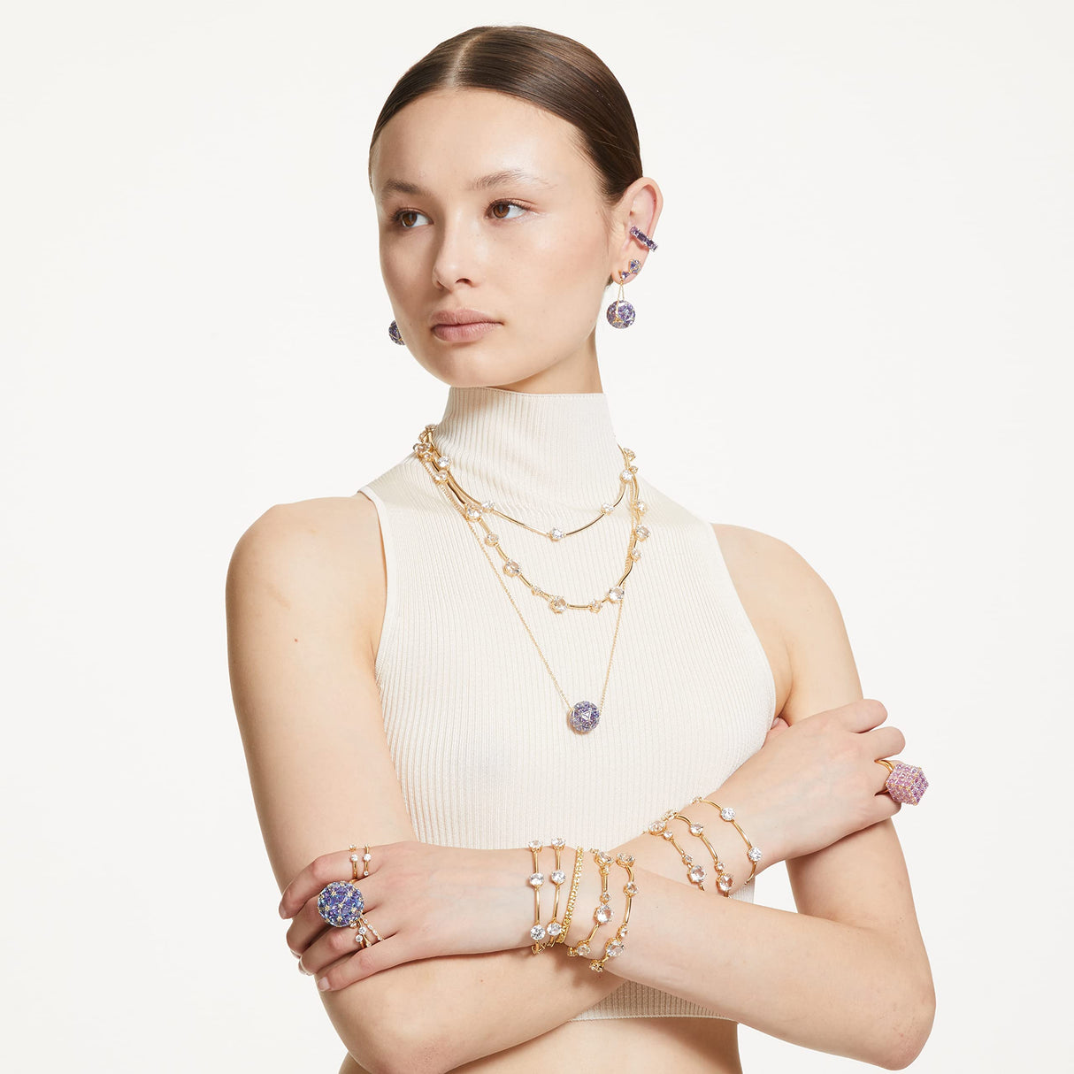 Swarovski Brazalete Constella Ajustable de Dos Tiras Para Mujer, Cristal Blanco, Baño en Tono Oro, Colección Constella de Swarovski