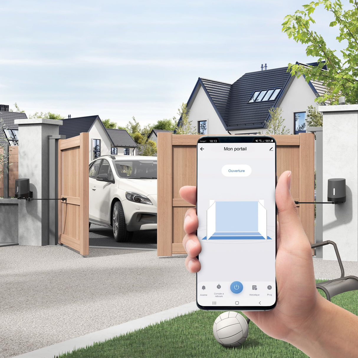 Avidsen 114202 Motorización conectada con Brazo articulado Orane Connect Puerta de hasta 2,5 m y 250 kg por batiente. con mandos a Distancia, luz Intermitente y un Juego de fotocélulas, Negro