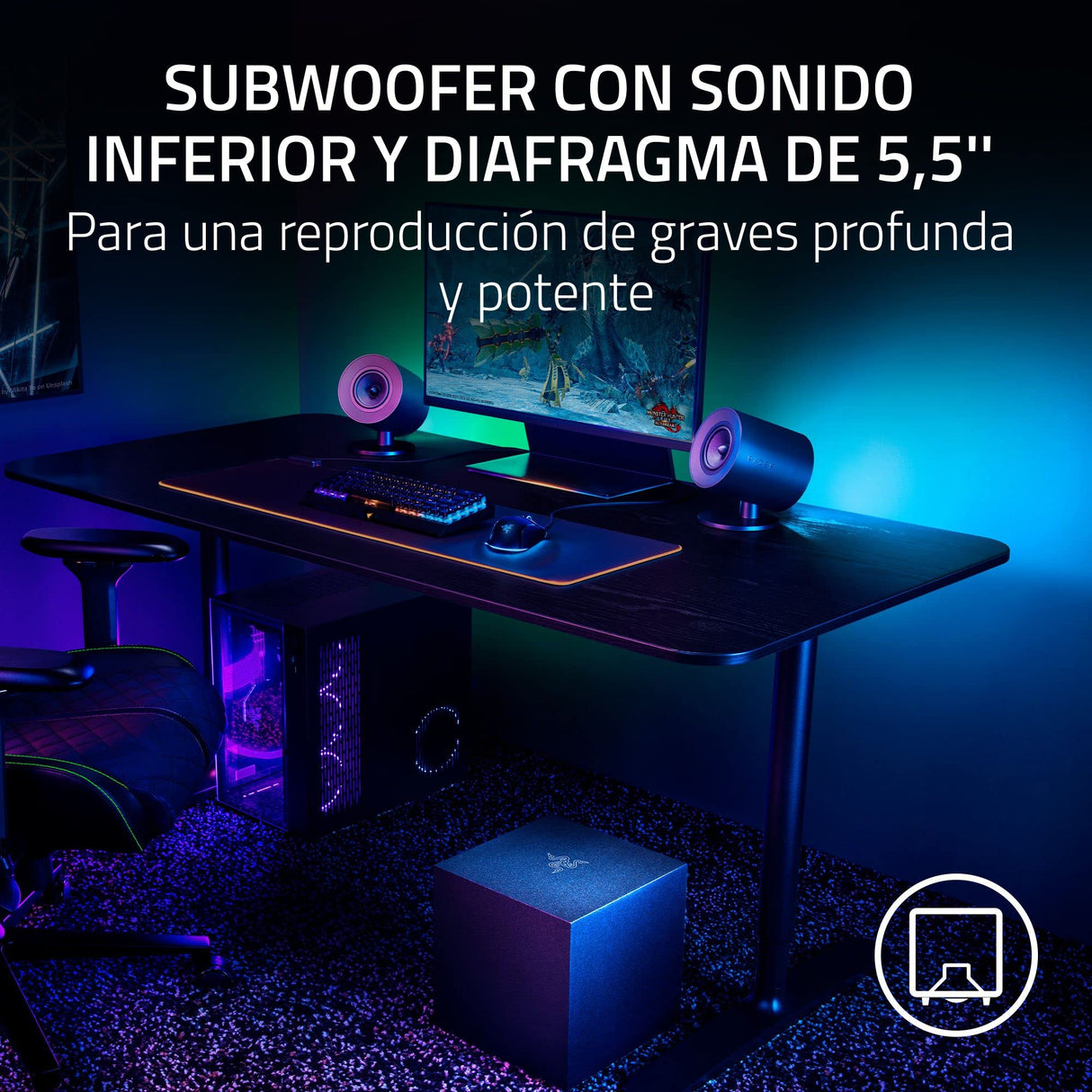 Razer Nommo V2 - Altavoces Gaming de Rango Completo 2.1 para PC con Subwoofer con Cable (Diafragmas de Gama Completa de 3 pulgadas con Correctores de Fase de Aluminio, THX Spatial Audio) Negro