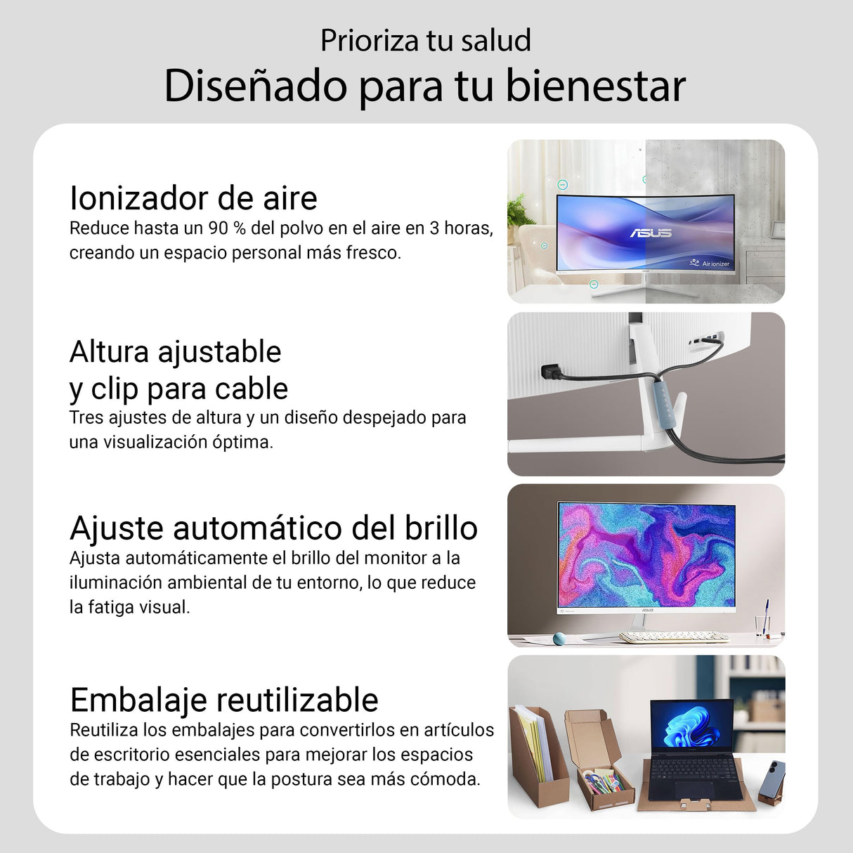 ASUS VU279HFI-W Monitor Eye Care de 27 Pulgadas, Full HD 1920 x 1080, IPS, 100 Hz, SmoothMotion, Adaptive Sync, ionizador de Aire, tecnología Eye Care Plus, Filtro de luz Azul, antiparpadeo