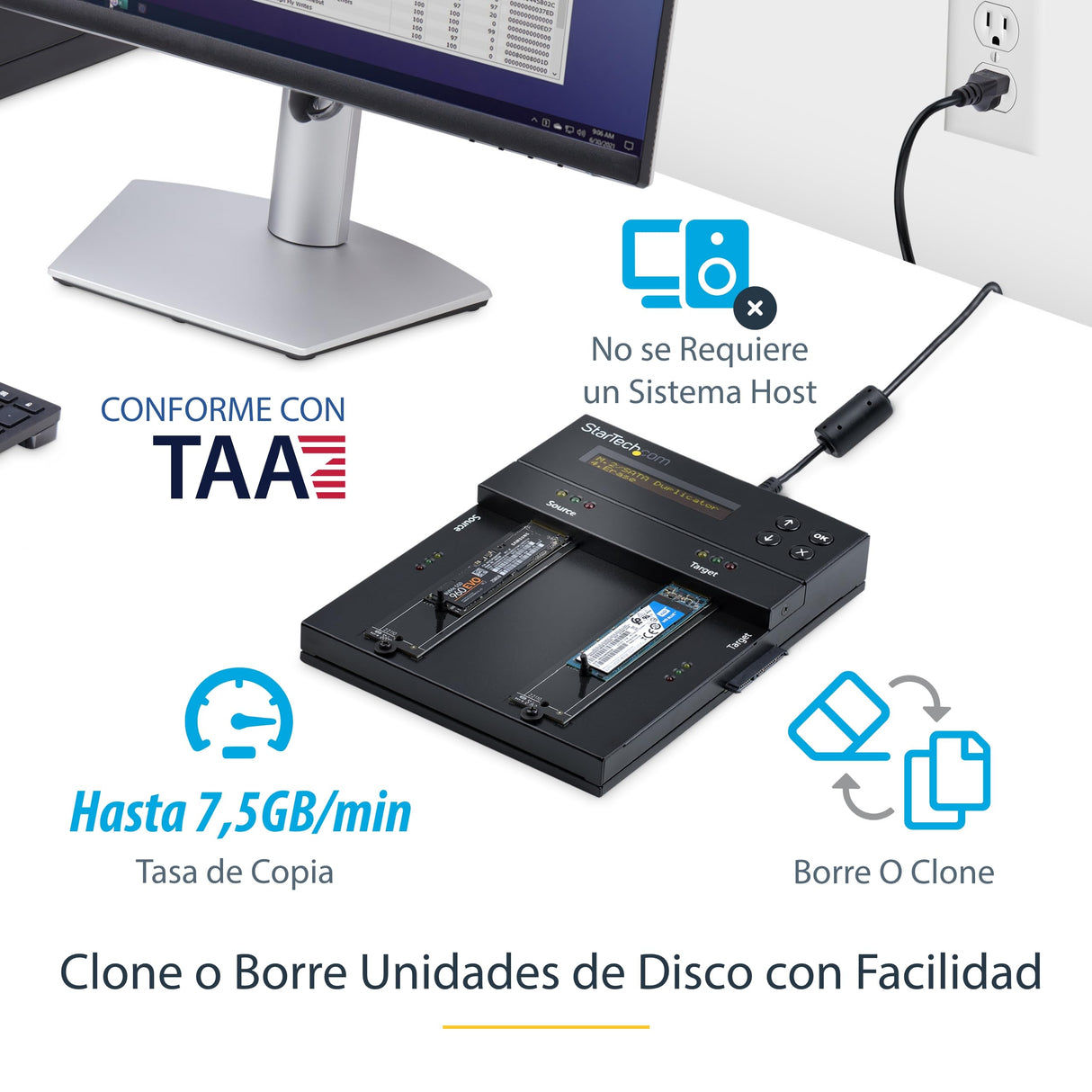 StarTech.com Clonador y Borrador Autónomo de Unidades de Almacenamiento SATA M.2 - NVMe M.2 - Duplicador Copiador Externo Offline de HDD SSD M.2 PCIe AHCI/NVMe, SATA M.2 - 2,5/3,5 TAA (SM2DUPE11)
