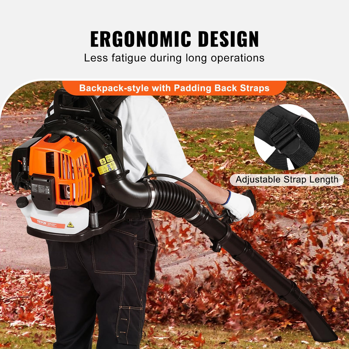 VEVOR Soplador de Hojas de Mochila, Soplador de Hojas de Gas de 2 Ciclos de 63 CC con Tanque de Combustible de 1,89 L, Volumen de Aire de 1110 CFM, Velocidad de 220 mph, para el Cuidado del Césped
