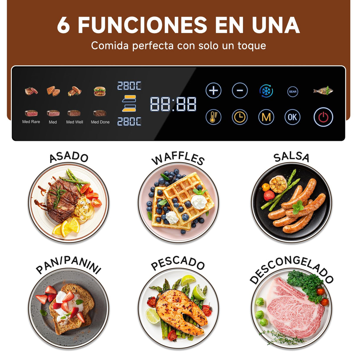 AMZCHEF parrilla eléctrica con 6 programas, función Sear hasta 280 °C, modo manual, sensor de temperatura, placas desmontables y bandeja para gofres. Ideal para carne, pescado, paninis y gofres