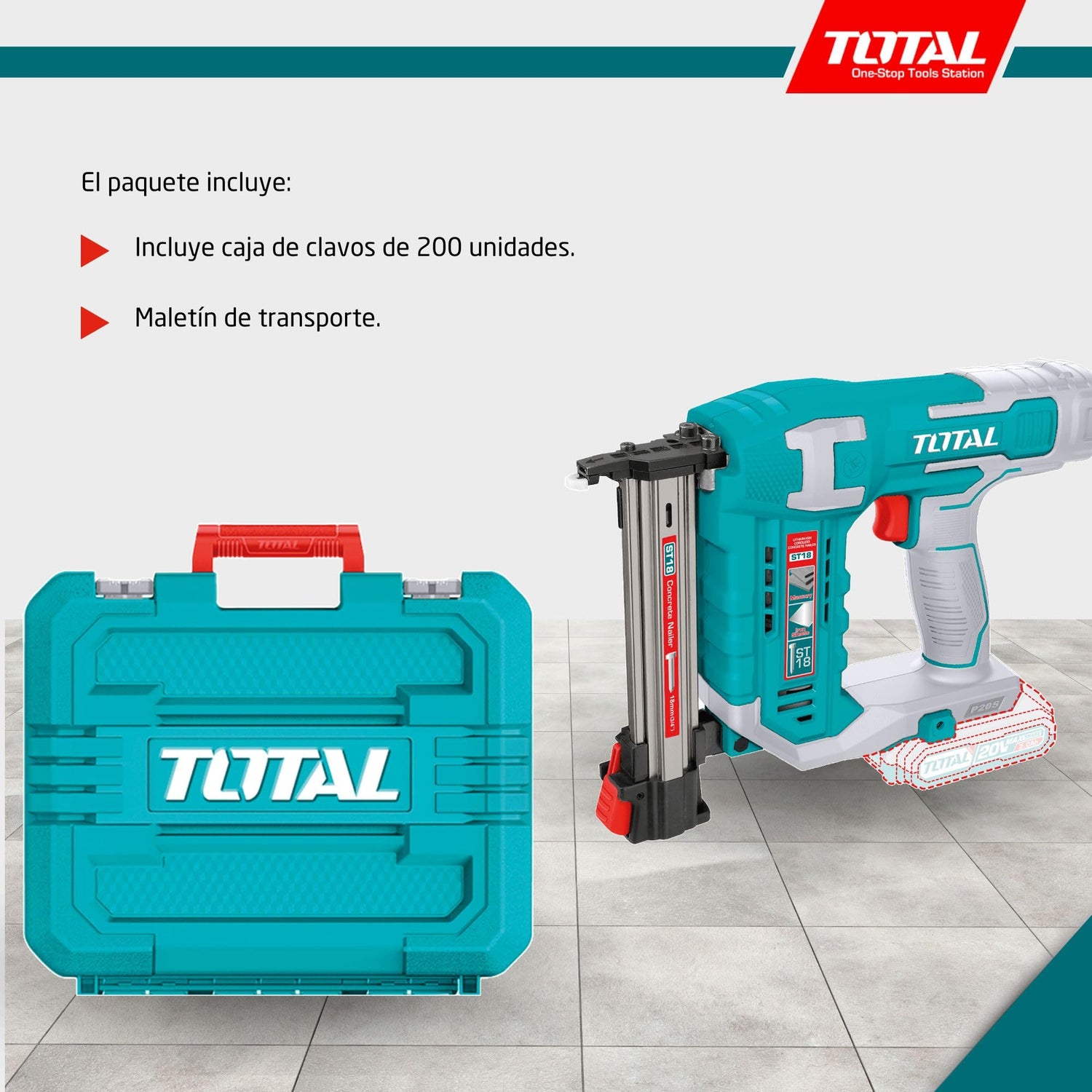 TOTAL - Clavadora a Batería 20V para Hormigón | 2 Clavos| Compatible ST18 | Cargador 65 Clavos | Modelo TCSTLI3805 | Herramienta Eléctrica con Maletín y Clavos Incluidos