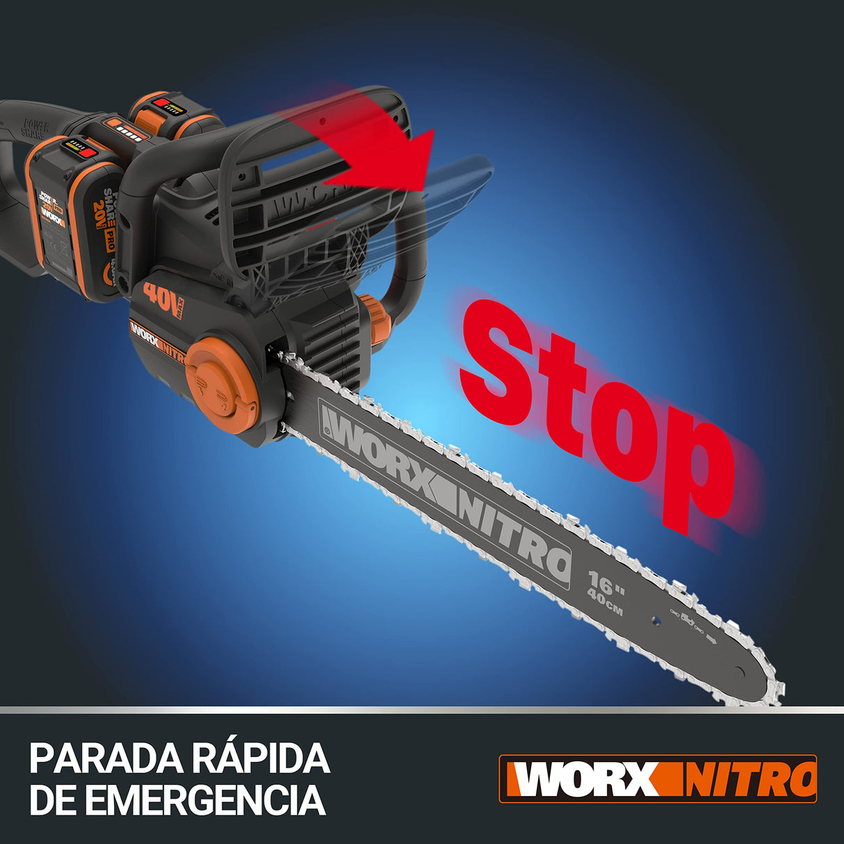 WORX Motosierra Nitro 40V (2x20V) | PowerShare | WG385E.9 | No incluye batería ni cargador | Motor Brushless | Espada 40 cm | Freno de cadena y lubricado automático