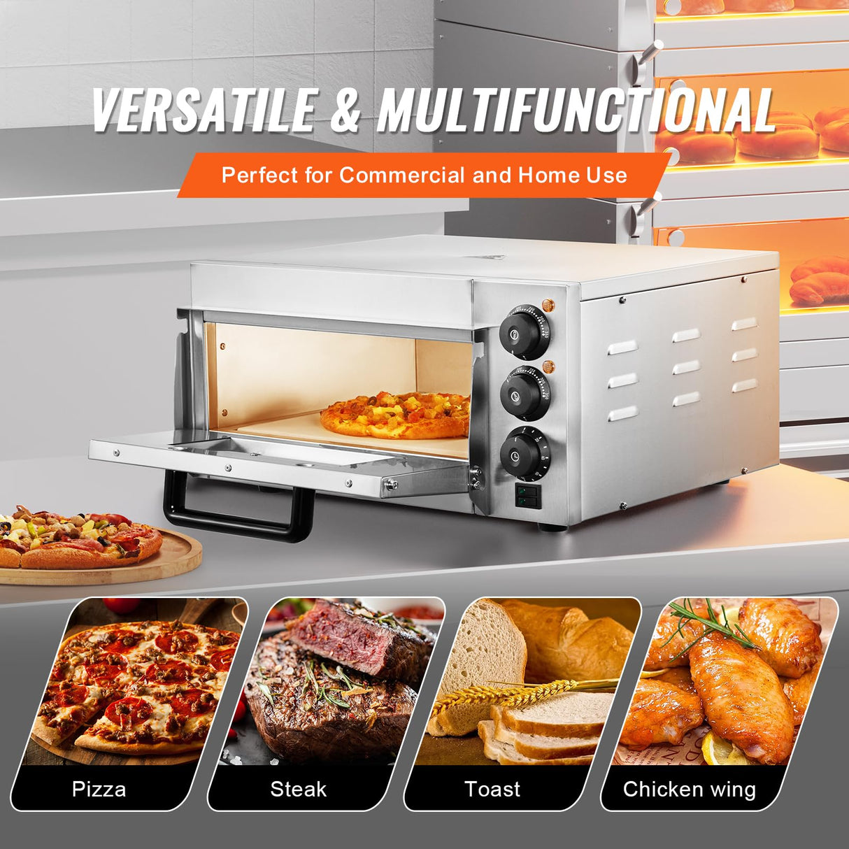 VEVOR Horno de Pizza Comercial Eléctrico de Encimera de Una Sola Capa, Acero Inoxidable con Piedra y Mango, Multiusos para Interiores para Restaurantes, Pretzels Horneados en Casa, 517 x 470 x 266 mm