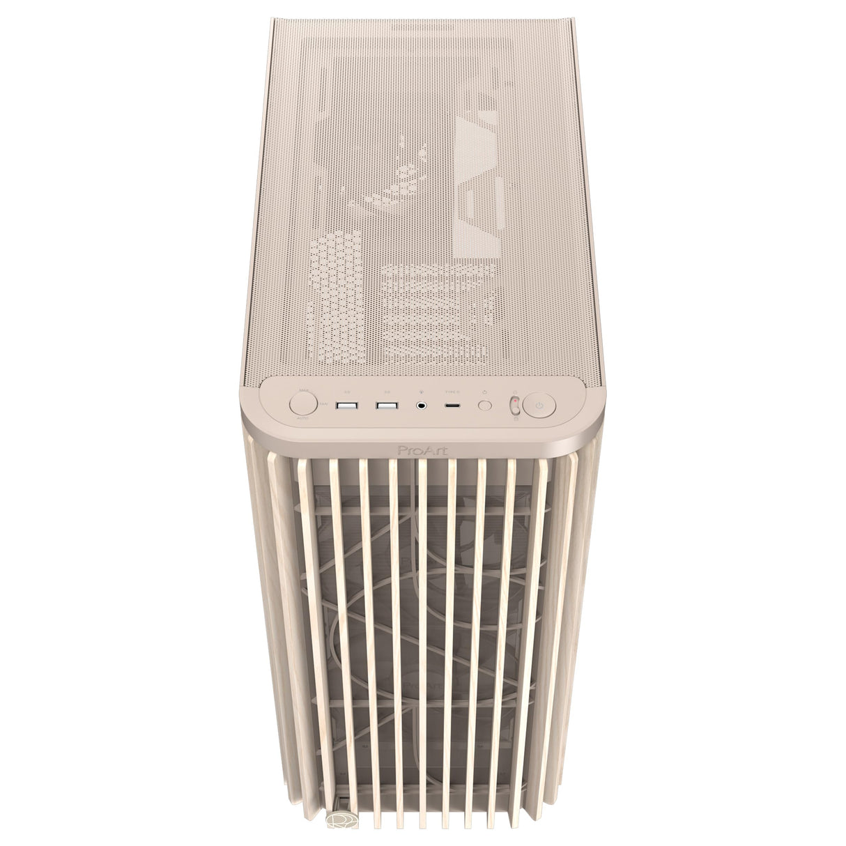 ASUS ProArt PA401 Wood Edition - Chasis ATX con Panel de Metal, Compatible con GPU de 314mm, Compatible con radiadores de 240 mm, Dos Ventiladores de 160mm, Soporte de PSU extraíble - Beige