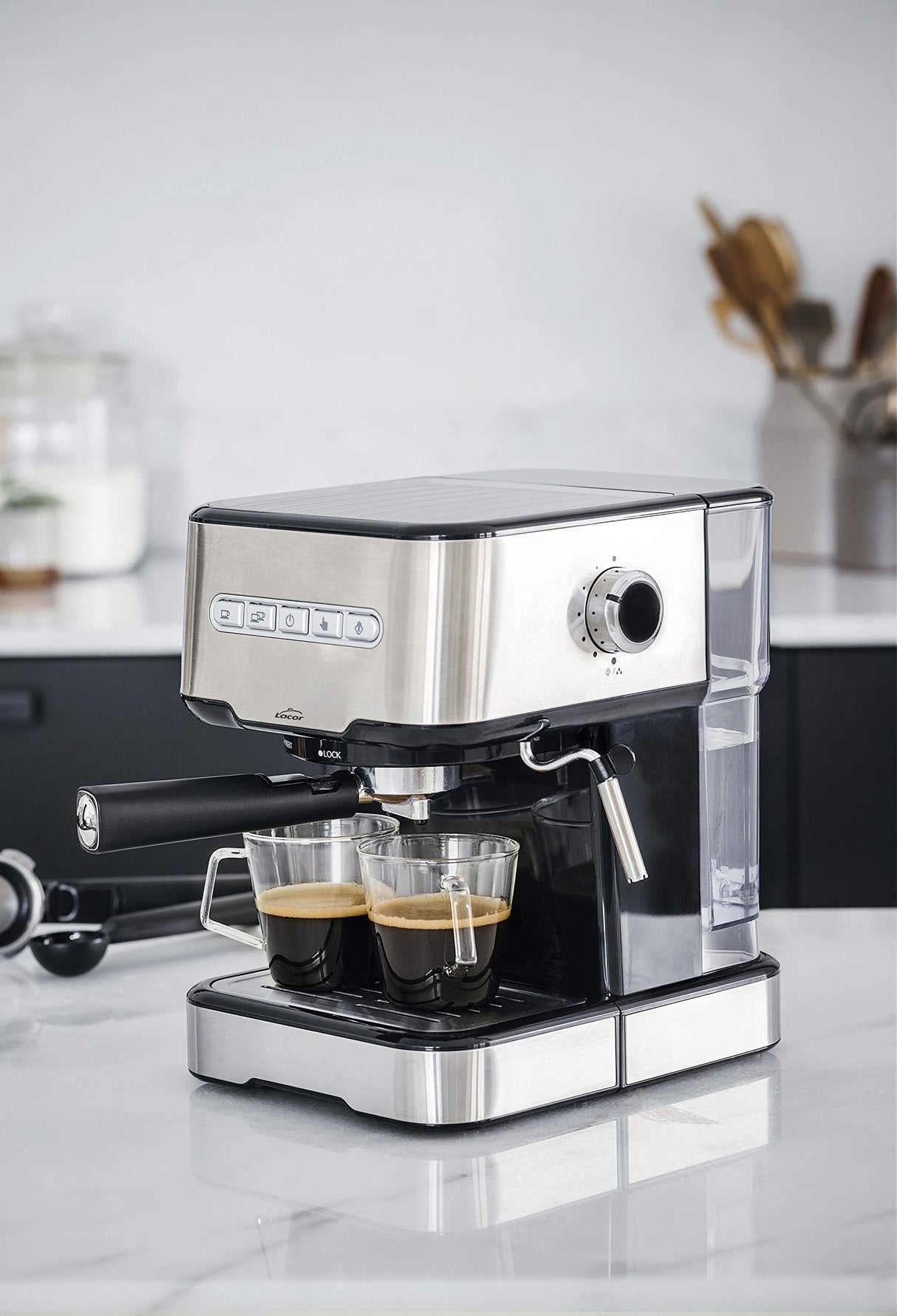 Lacor 69256 - Cafetera espresso con 2 salidas de café y función de calentar/espumar la leche, apta para café molido y cápsulas ESE, 21x26'5x30 cm