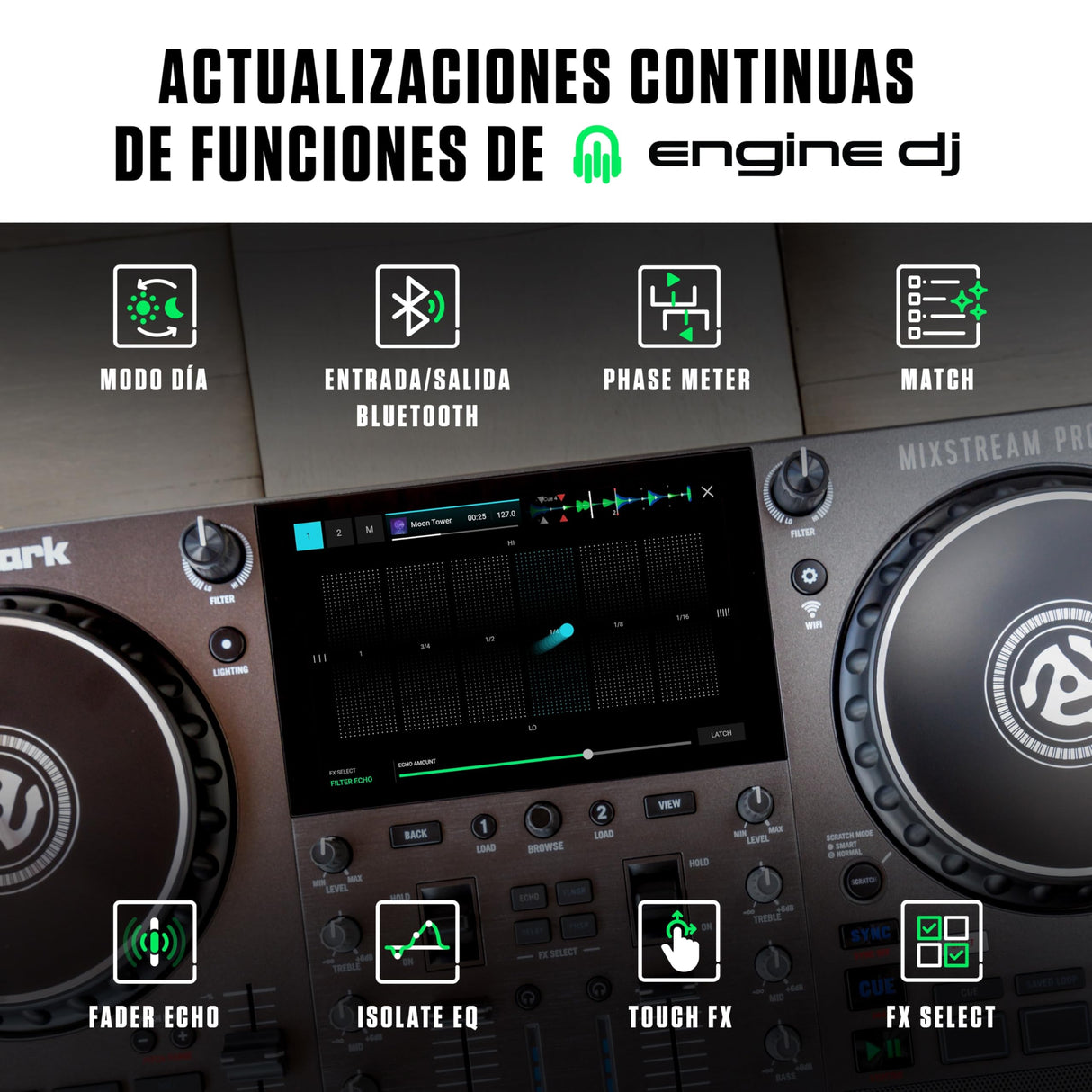 Numark Mixstream Pro Go - Controlador DJ portátil, batería, mezclador con separación de stems, altavoces, streaming wifi, pantalla táctil y Serato DJ
