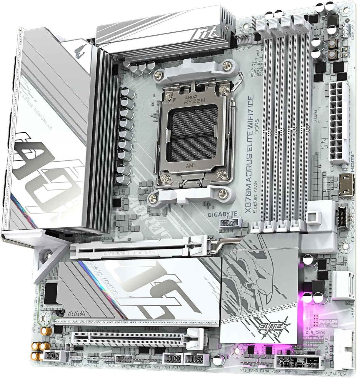 GIGABYTE X870M AORUS Elite WIFI7 Ice Placa Base – Compatible con CPUs AMD Ryzen 9000, VRM Digital de 14+2+2 Fases, hasta 8200 Hz DDR5 (O.C), 1× PCIe 5.0 + 1× PCIe 4.0, Wi-Fi 7, LAN 2.5 GbE, USB 4