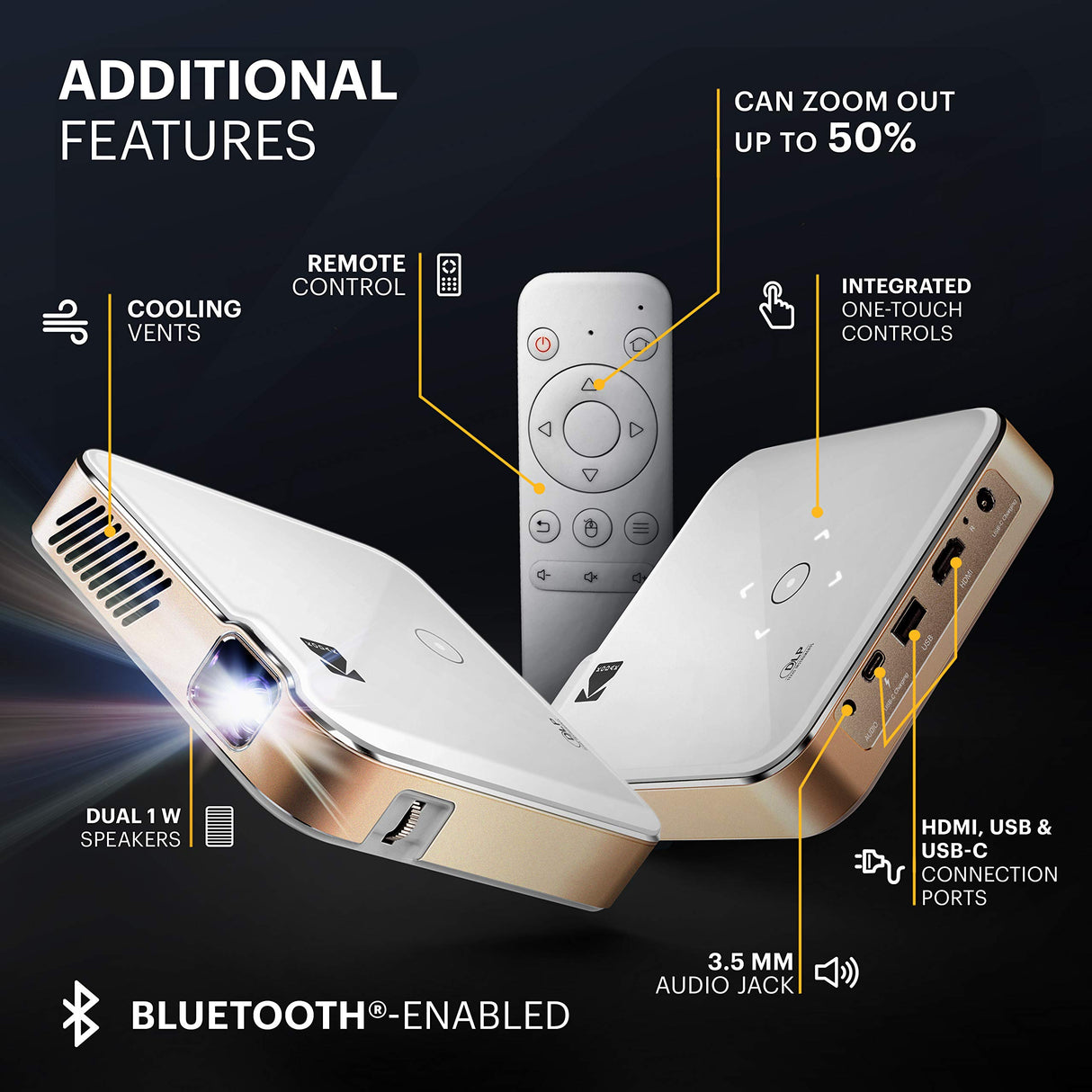 KODAK Luma 450 - Proyector portátil Inteligente HD, Compatible con Wi-Fi, Bluetooth, HDMI y USB, resolución nativa de 1080p (4K) hasta 150 Pulgadas, 200 lúmenes ANSI - Trípode Incluido