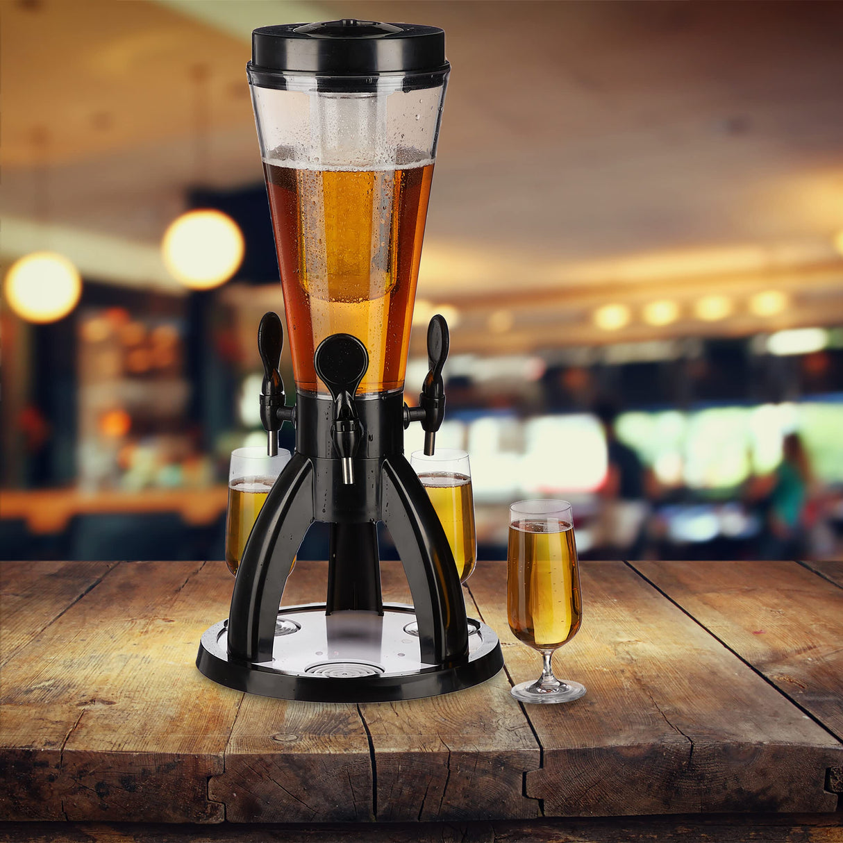 Relaxdays Columna Torre de Cerveza con 3 Grifos, 4 L, Dispensador de Bebidas con Enfriador, Beer Tower, Transparente y Negro