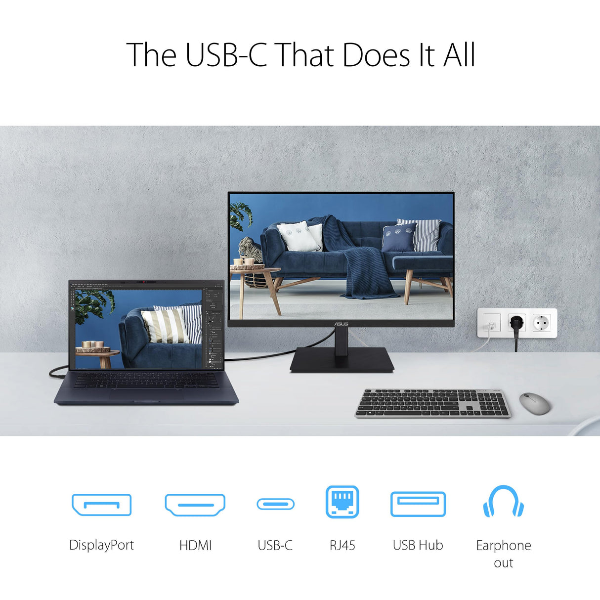 ASUS VA27ACFSN Monitor Docking 27" (IPS, USB-C, RJ45, 100Hz, Adaptive-Sync, altavoces estéreo, baja luz azul, sin parpadeos, diseño ergonómico, montaje en pared, sostenibilidad ecológica)