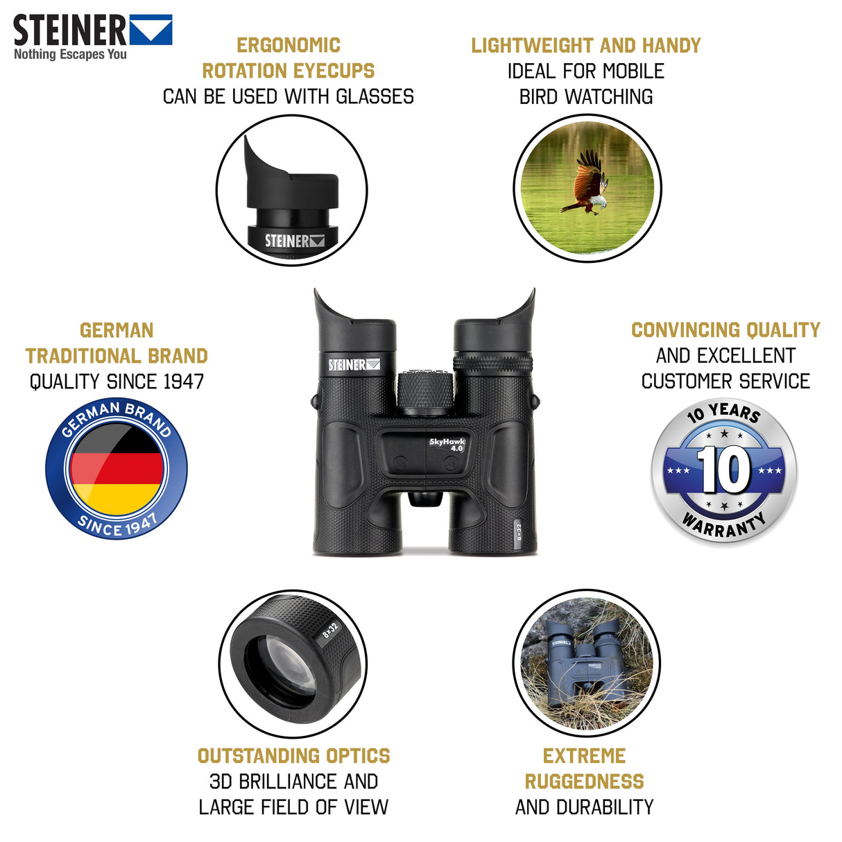 STEINER Prismáticos Skyhawk 4.0 8x32 - Óptica de Calidad Alemana, Detalles nítidos, prácticos, Ligeros, observación de la Naturaleza, los Animales y Las Aves