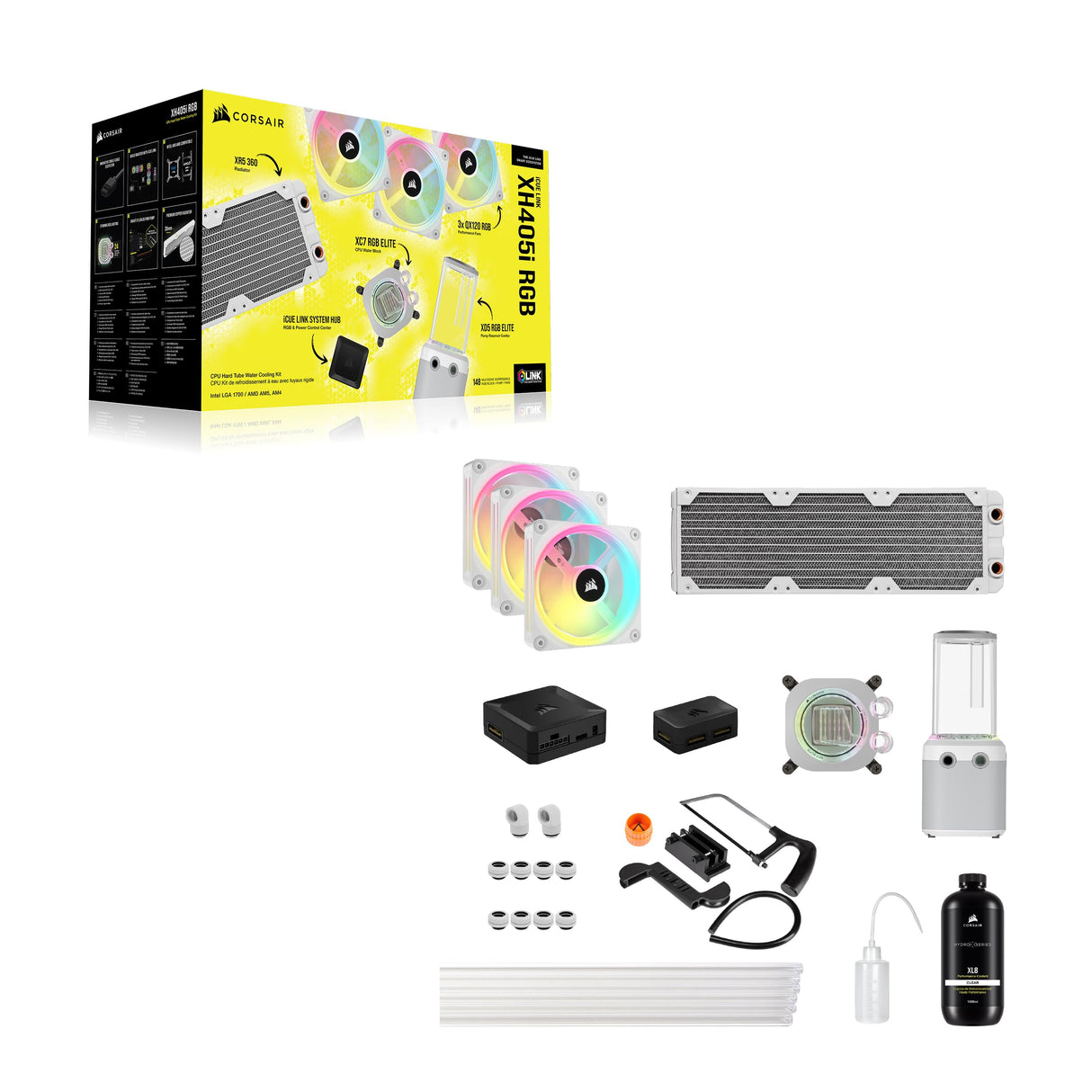 CORSAIR Hydro X Series iCUE LINK XH405i Kit de Refrigeración Personalizada - Bloque de Refrigeración Líquida para CPU XC7 ELITE - Bomba XD5 ELITE D5 Res - 3 Ventiladores QX120 RGB - Blanco