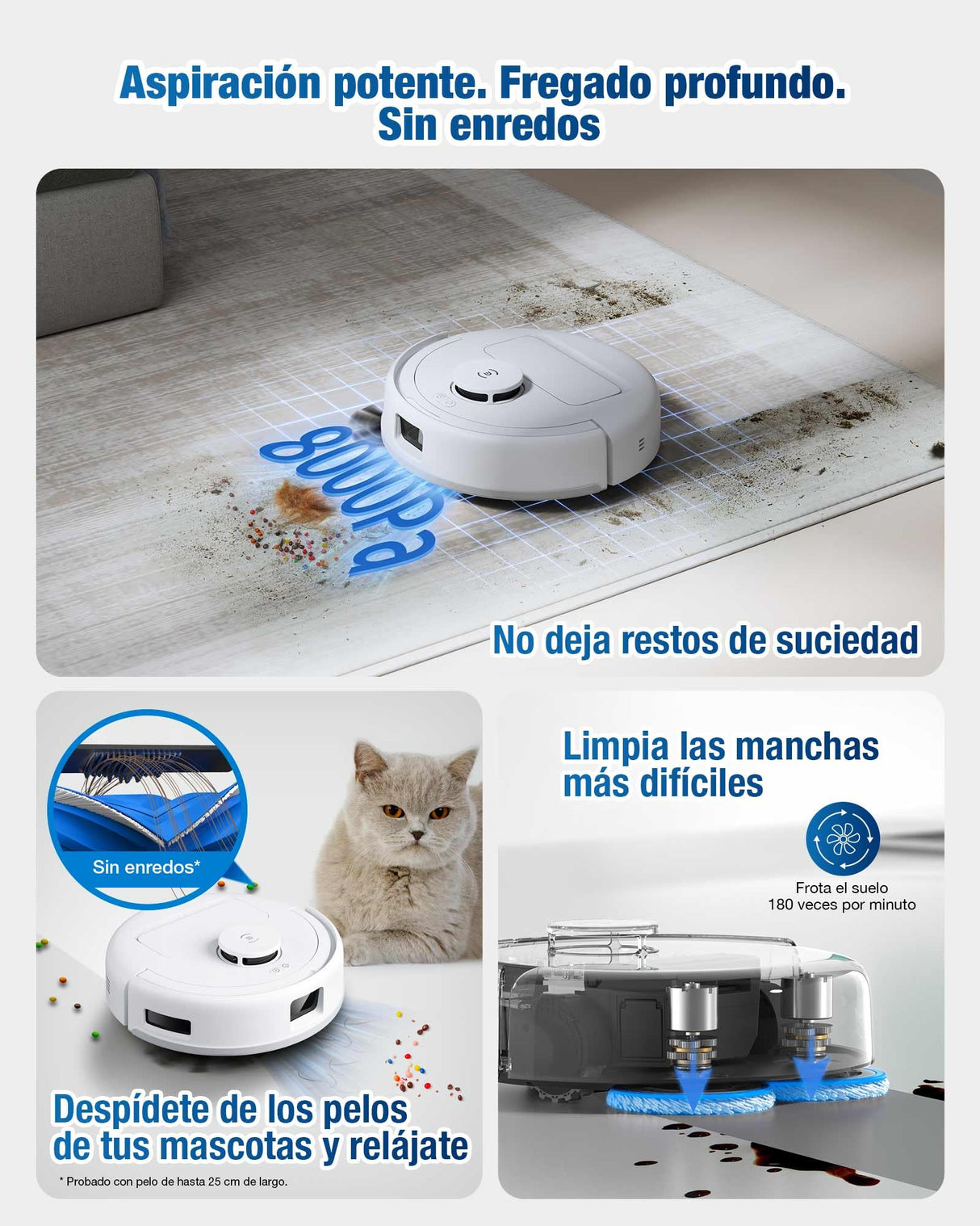 ECOVACS DEEBOT Mini Robot Aspirador y fregasuelos, succión de 9000 Pa, Antienredos ZeroTangle 2.0, TrueMapping 2.0, Secado a 45 ℃, autovaciado, fregado Inteligente, autolimpieza, Azul