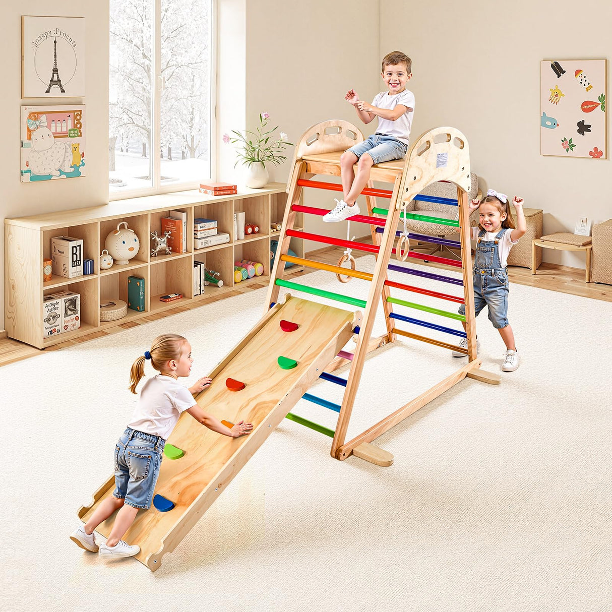 VEVOR 4 en 1 Parque Infantil de Madera para Interior, Carga 100 kg Juego de Escalada Montessori 2060 x 880 x 1205 mm con Roca de Escalar, Tobogán, Escalera de Madera y Anillas de Gimnasio, Colorido