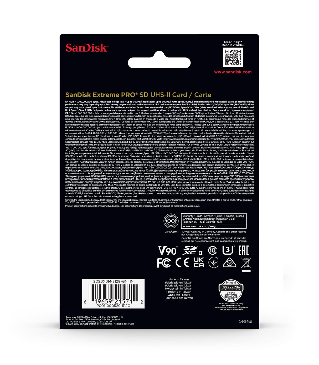 SanDisk Extreme Pro 512 GB SDXC Tarjeta, UHS-II, Velocidad de Lectura con hasta 300 MB/s, Velocidad de Escritura 300 MB/s, V90, Grabación de vídeo en 8K cinematográfica