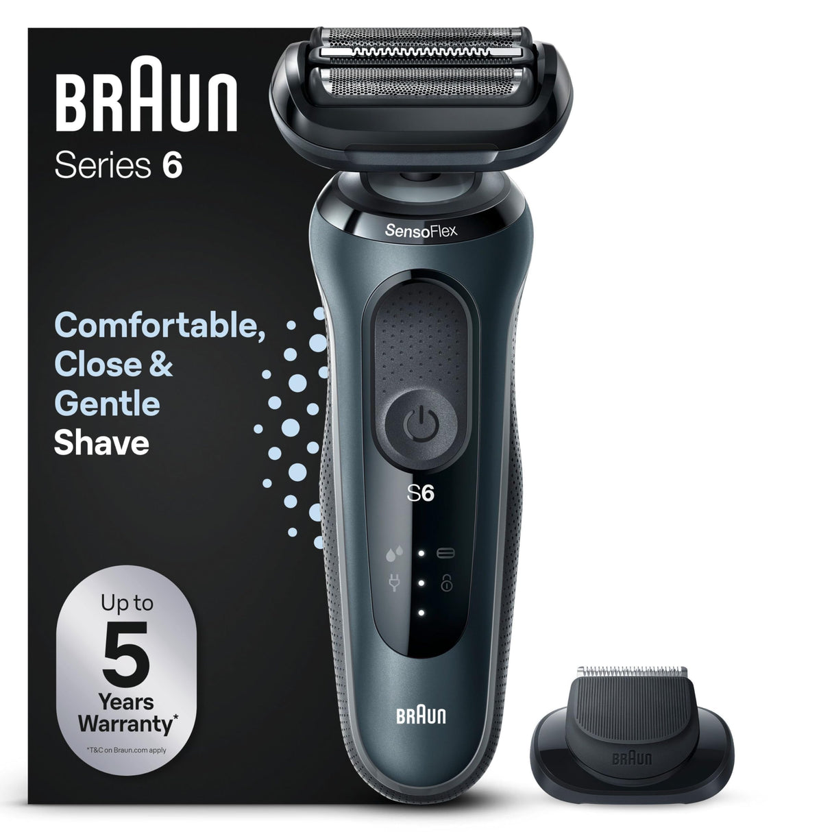 Braun Series 6 Afeitadora Eléctrica Hombre, Máquina de Afeitar Barba con Recortadora De Precisión EasyClick, SensoFlex, Uso En Seco y en Mojado, Recargable, Inalámbrica, 61-N1200s, Gris