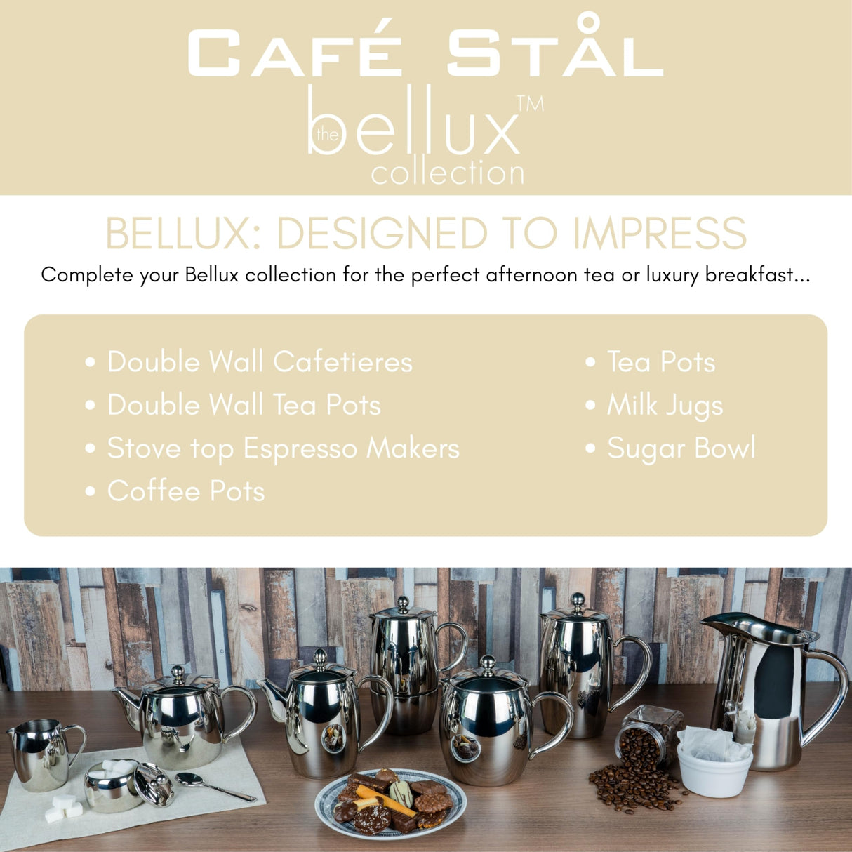 Café Stal BEC-06M Café Stål Bellux Range 18/10 - Cafetera espresso de acero inoxidable estilo clásico para estufa, diseño de olla Moka italiana, asas huecas de tacto frío, 6 tazas (280 ml)