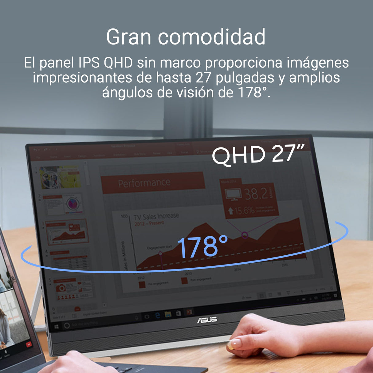 ASUS ZenScreen MB27ACF Monitor portátil de 27 Pulgadas QHD, 2560 x 1440, IPS, 100Hz, USB-C PD 70 W, Altavoces, asa de Soporte, Pinza en C, Gancho de partición, subwoofer, Audio de 2.1 Canales