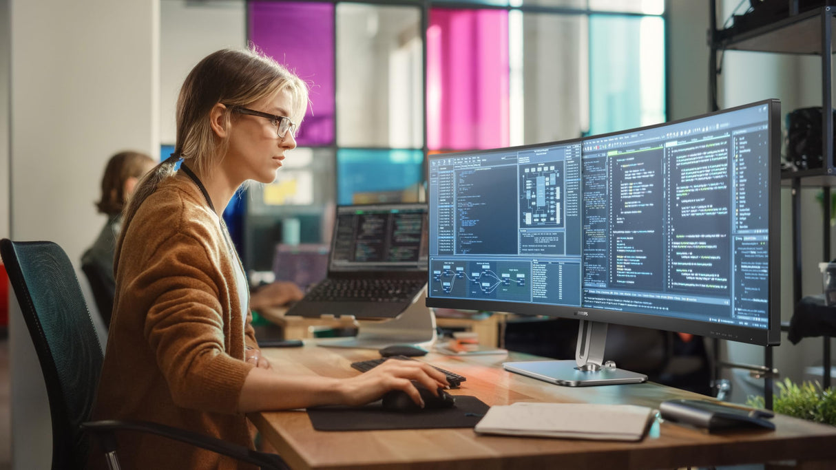 Philips 49B2U5900C - Monitor 49 Pulgadas DQHD Curvo, 75Hz, VA, 4 ms GtG, Adaptive Sync., HDR400, Altura Ajustable, Altavoces (5120x1440, 2X HDMI 2.0, DP 1.4, USB-C, USB-Hub), Gris Oscuro