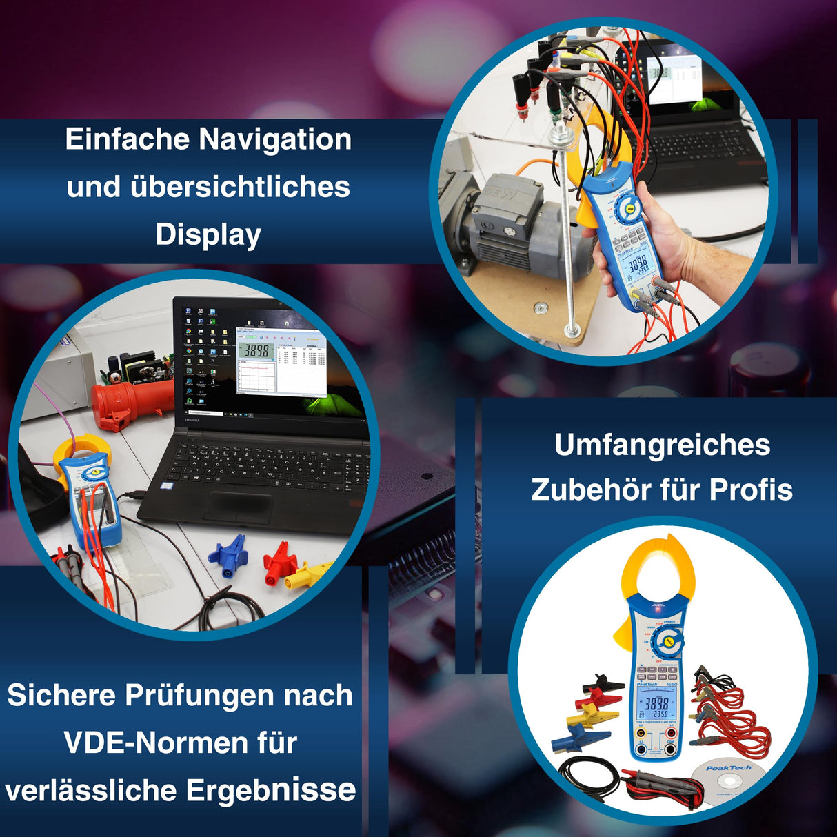PeakTech 1660 – Pinza amperimétrica con USB, 1000 A CA, 9999 cuentas, multímetro digital, pinza amperimétrica para kW, kWh, kVA, TUV/GS, voltímetro sin contacto, probador de continuidad