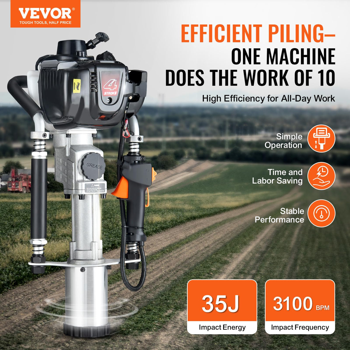 VEVOR Controlador de Postes de Gas 37,7 cc Controlador de Postes de Cerca en T Portátil de 4 Etapas 1000W con 3 Cabezales de Conducción 45/55/88mm para Cercas Agrícolas, Ranchos, Mejoras de Carreteras