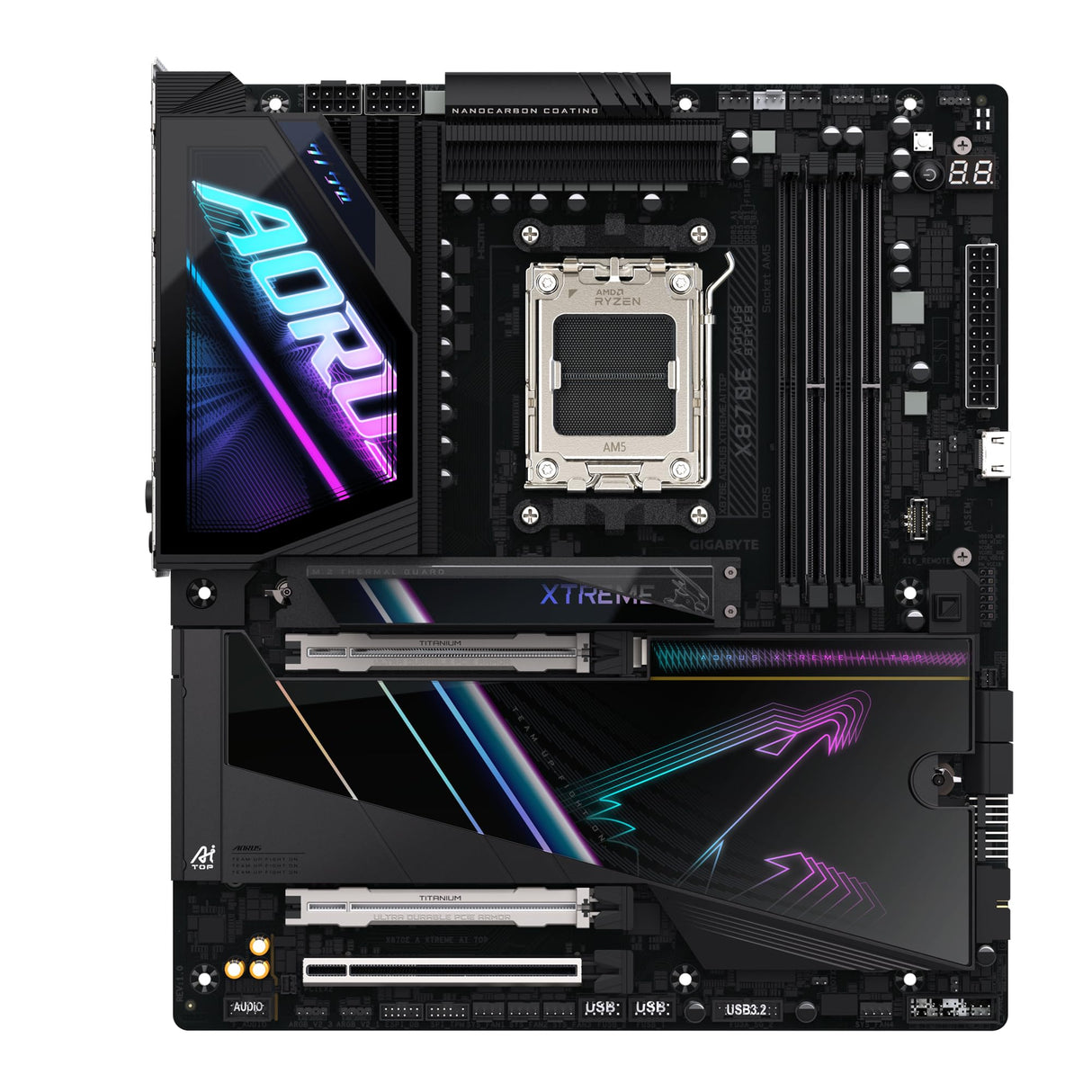 GIGABYTE X870E AORUS Xtreme AI Top Placa Base - Compatible con procesadores AMD Ryzen Serie 9000, VRM de 18+2+2 Fases, hasta 8800 MHz DDR5 (OC), 1xPCIe 5.0 M.2 + 3xPCIe 4.0 M.2, WI-FI 7, USB 4