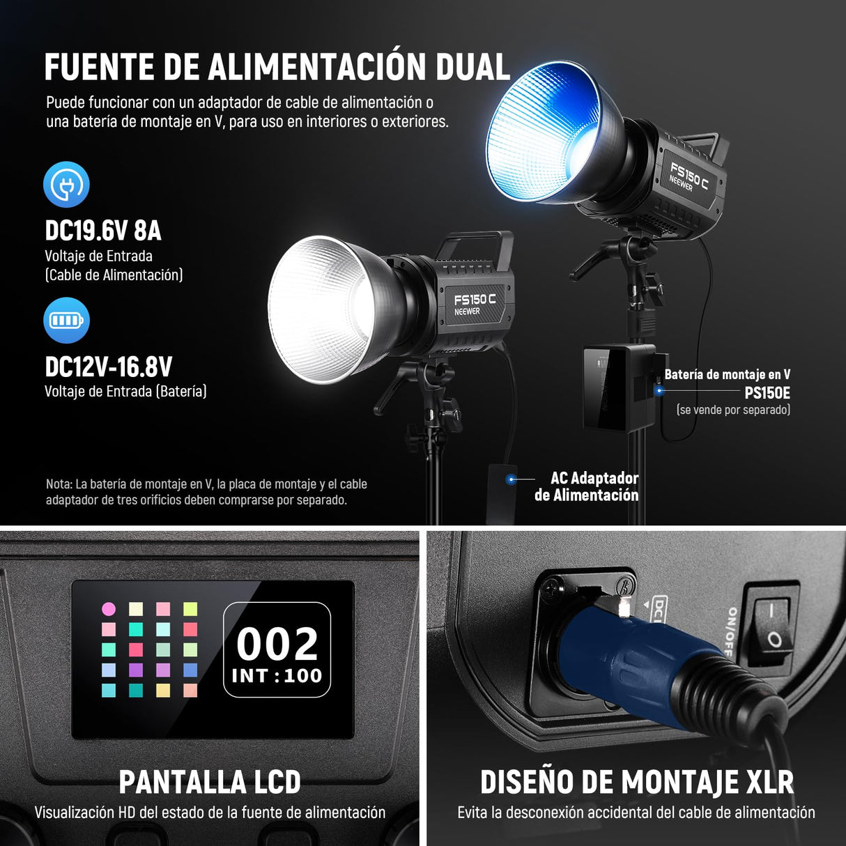 NEEWER 130W RGB LED Video Luz App/2,4G Control 17 Efectos, 2500-7500K 19800lux/1m COB Salida de Iluminación Continua con CRI97/TLCI98 4 Curvas de Atenuación, Foco de Bowens Mount en Estudio, FS150C