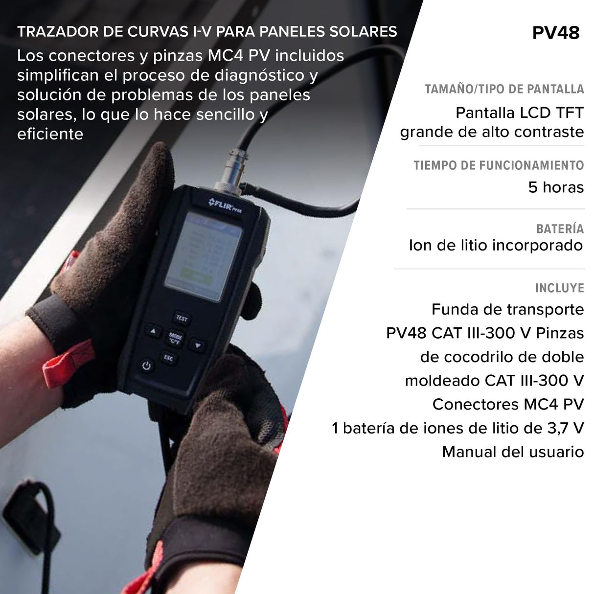 FLIR PV48 - Probador de paneles solares y trazador de curvas IV con mediciones de temperatura - Diseñado para evaluar la potencia y eficiencia máximas de los paneles solares