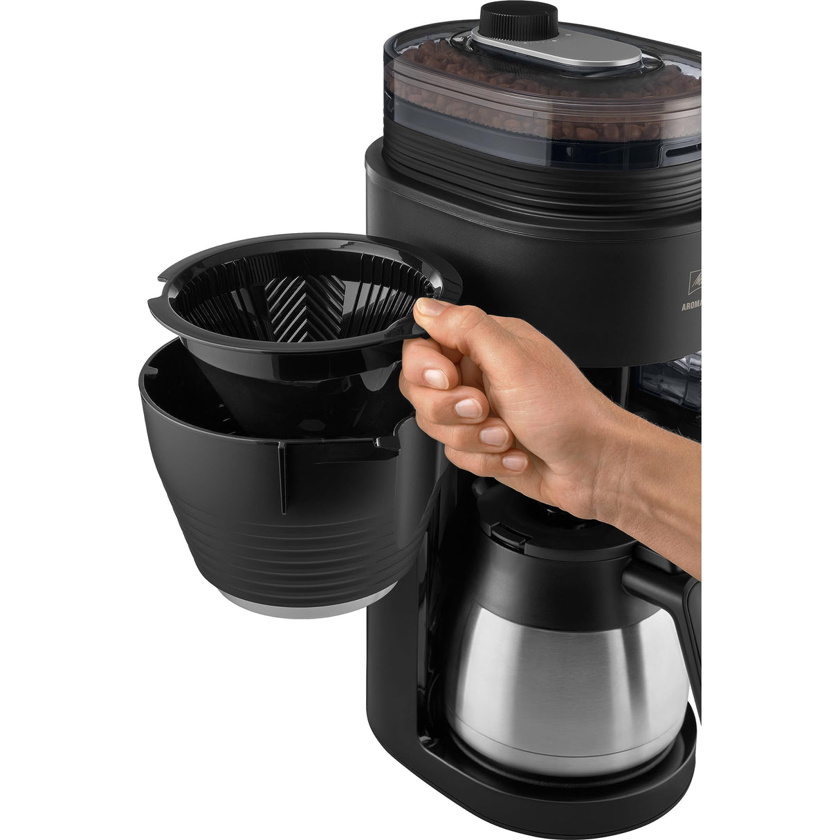 Melitta AromaFresh Pro X Therm - Cafetera de goteo con molinillo integrado, cafetera de filtro con jarra térmica y depósito de agua extraíble, máquina de café para hasta 8 tazas, negro