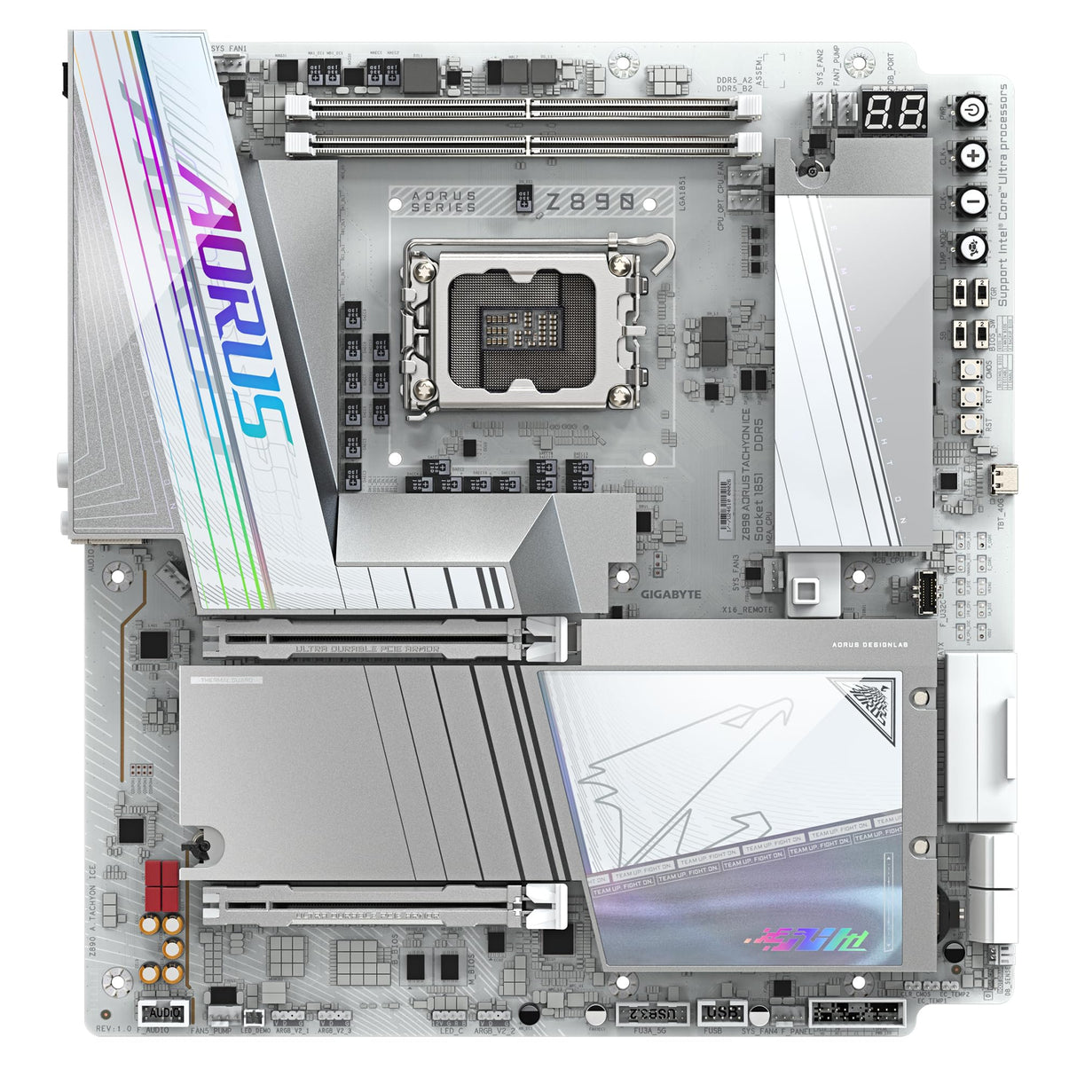 GIGABYTE Z890 AORUS Tachyon Ice Placa Base – Procesadores Intel Core Ultra (Serie 2), VRM de 18+1+2 Fases, hasta 9500 MHz DDR5 (O.C), 1 x PCIe 5.0 + 3 x PCIe 4.0, Wi-Fi 7, LAN 5 GbE, USB 3.2 Gen 2x2