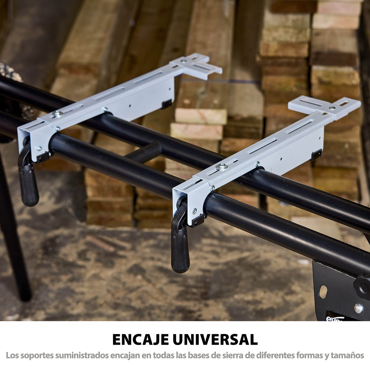 Evolution Power Tools Soporte de sierra ingletadora Plus + Universal - compatible con Evolution Makita DeWalt Bosch Ryobi Einhell y Metabo, ruedas grandes, soporta 300 kg de peso y 4 m de longitud