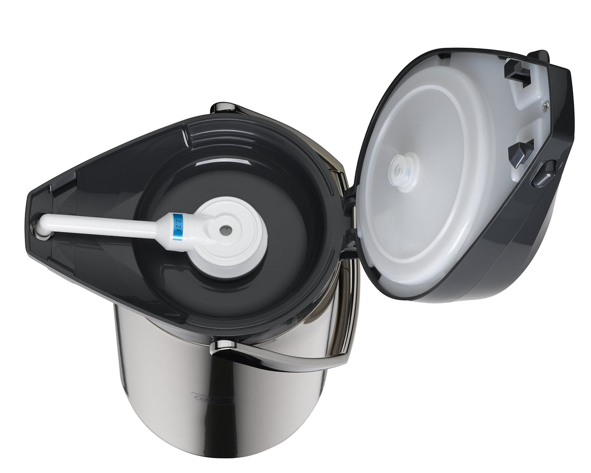 alfi GETRÄNKESPENDER 2,2 l, jarra con bomba de acero inoxidable pulido con inserción de vidrio duro, bomba integrada, mantiene el calor 12 horas y el frío 24 horas, 24 tazas, fondo 360°, para catering