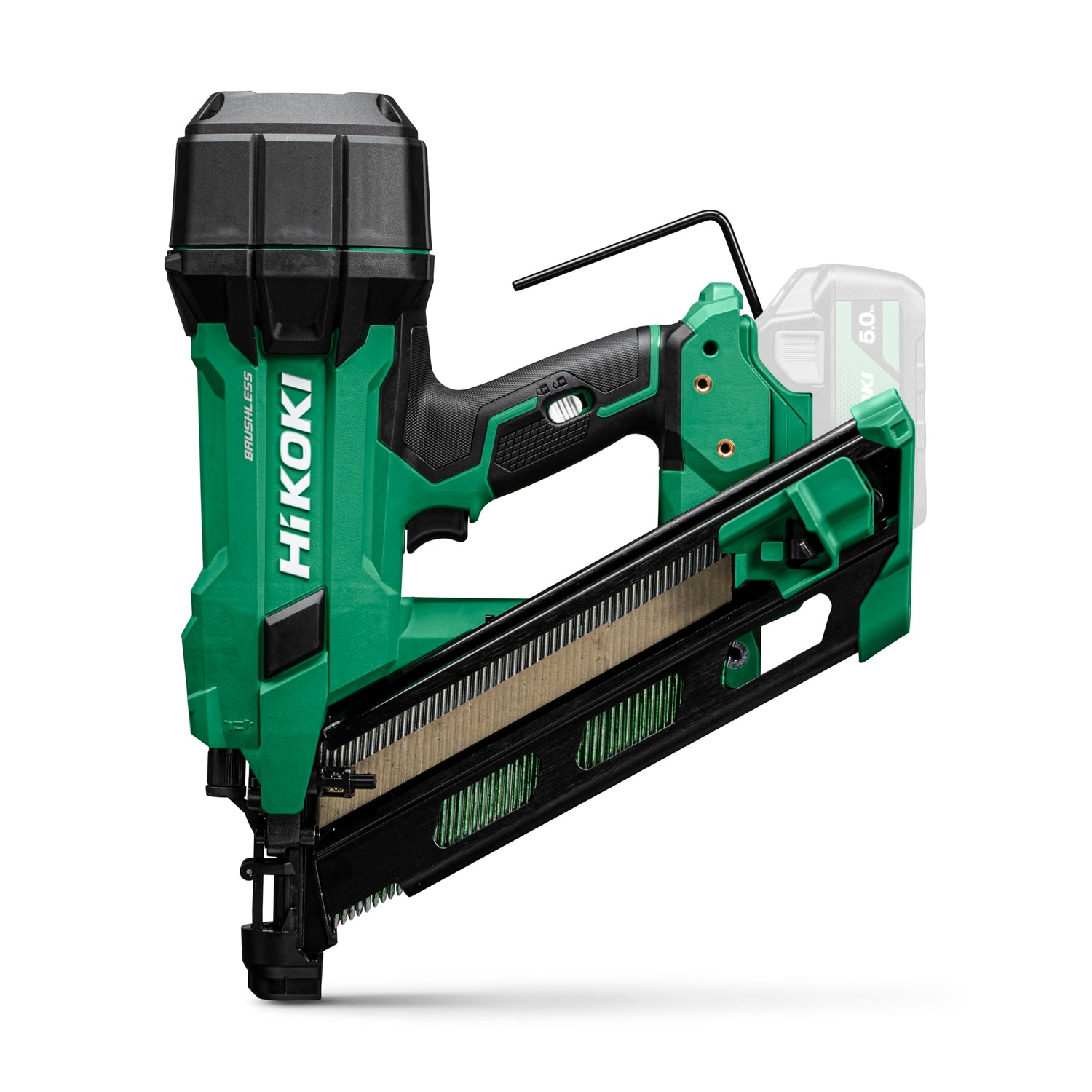 HiKOKI Clavadora de tiras de batería de 34° - 18 V, 50-90 mm, potente luz LED, motor sin escobillas, accionamiento por resorte neumático, ajuste de profundidad sin herramientas, incluye maletín de
