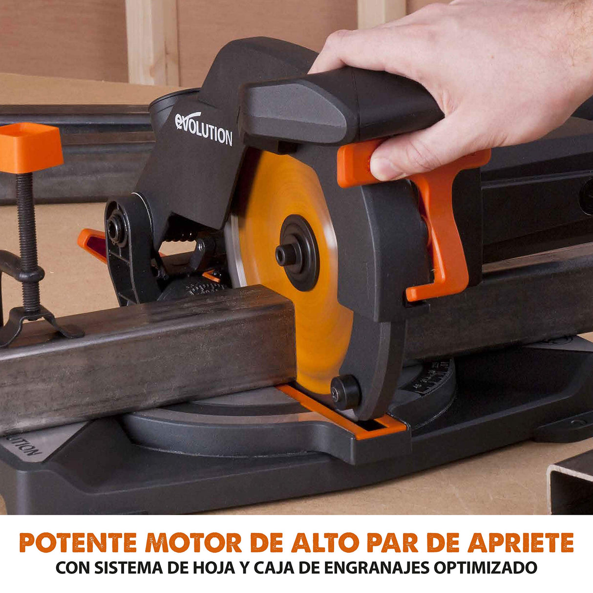Evolution Power Tools R210CMS Multimaterial Sierra Ingletadora - Corta acero dulce, aluminio, plástico, madera con clavos incrustados, 210 mm