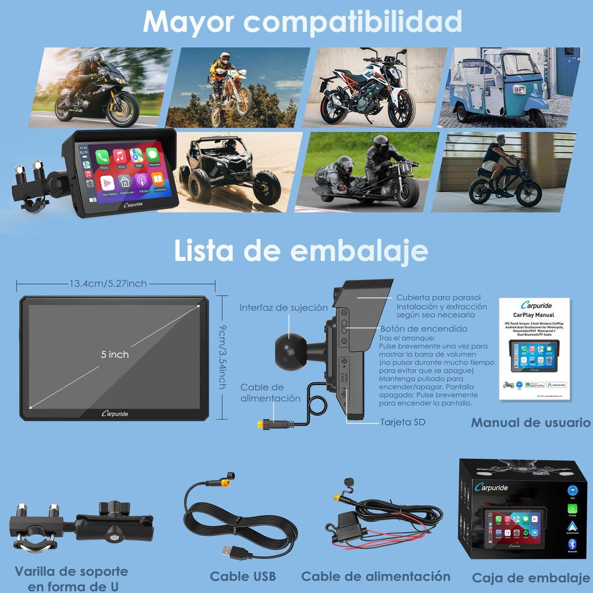 Pantalla Moto Carpuride W502, 5" IPS Táctil IP67 Impermeable, CarPlay & Android Auto Inalámbricos, GPS, Control por Voz Siri/Asistente Google, Dual Bluetooth, Soporte Ajustable Manillar